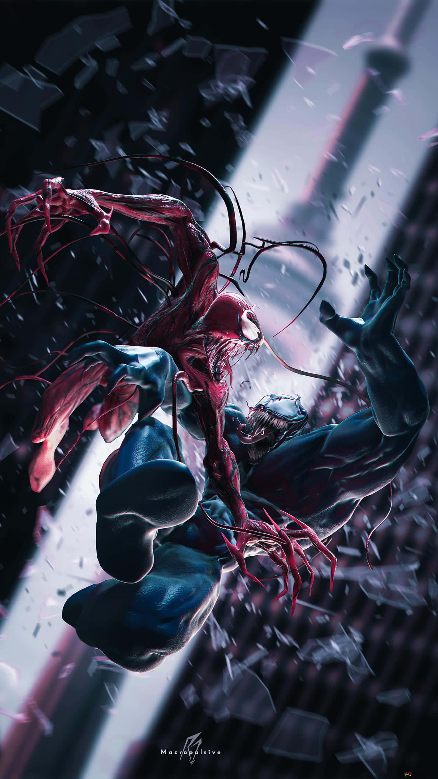 Cool Venom Vs Carnage 桌布 壁紙 — 猛毒與屠殺在破碎的城市峽谷中碰撞，碎片飛揚，紅藍燈光強烈。