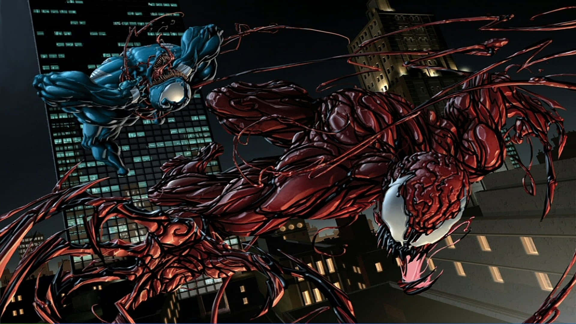 Cool Venom Vs Carnage 桌布 壁紙 — 猛毒與屠殺在聳立的城市摩天大樓中進行一場殘酷的夜間戰鬥。