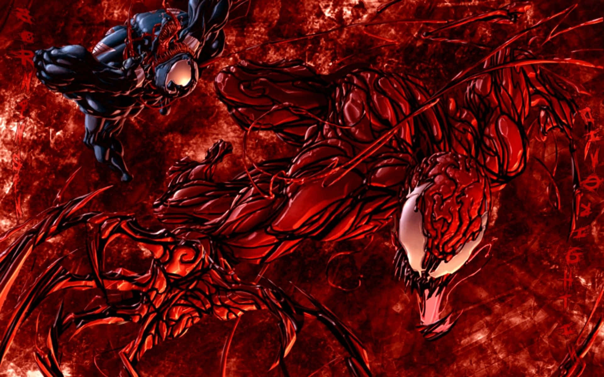 Carnage Vs Venom 桌布 壁紙 — 猛毒與屠殺在血腥的紅色戰鬥中激烈衝突，利爪與發光的白色眼睛。