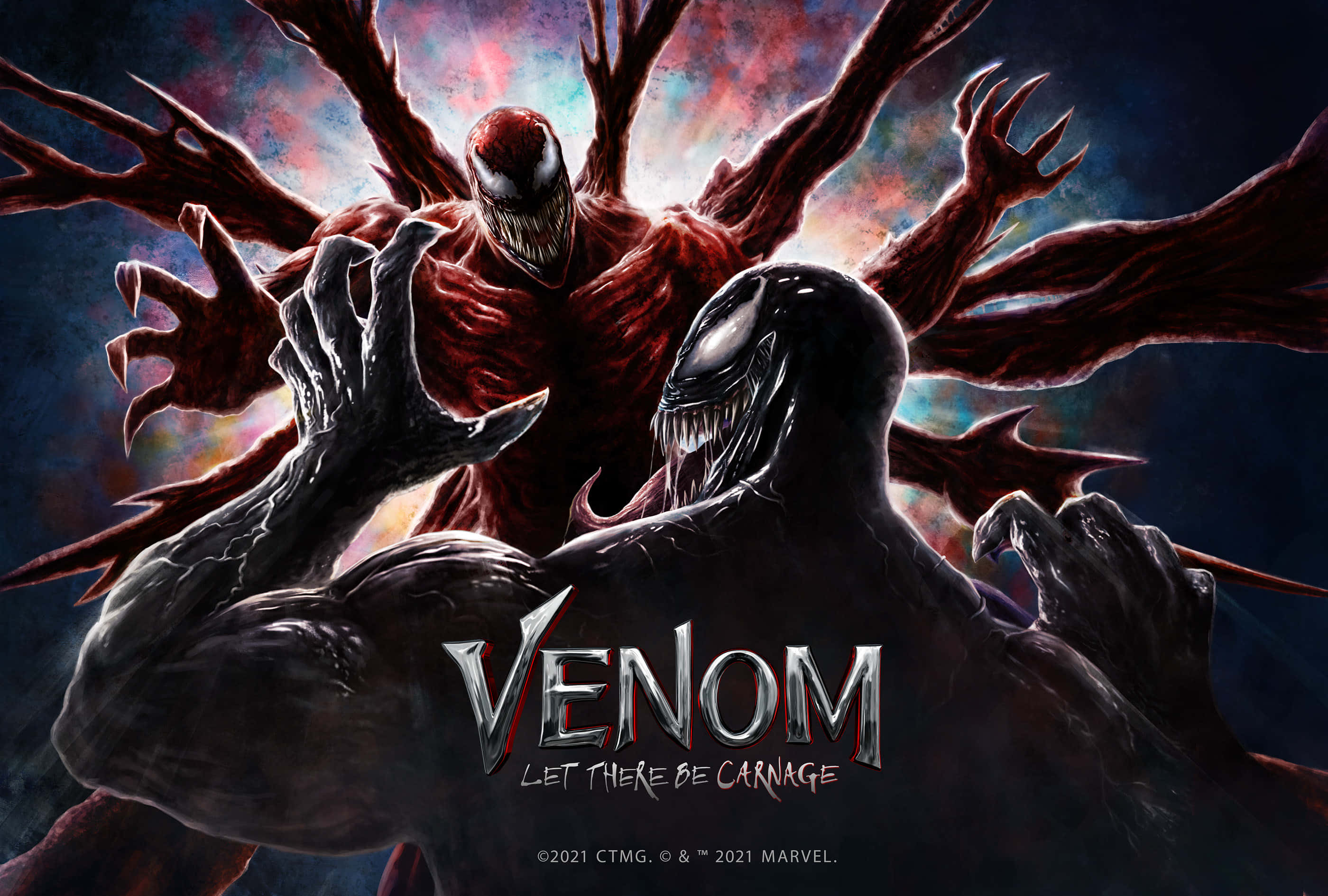 Carnage Vs Venom 桌布 壁紙 — 猛毒與屠殺在黑暗的宇宙戰鬥中碰撞，發光的紅色和黑色共生體襯托著星雲背景。