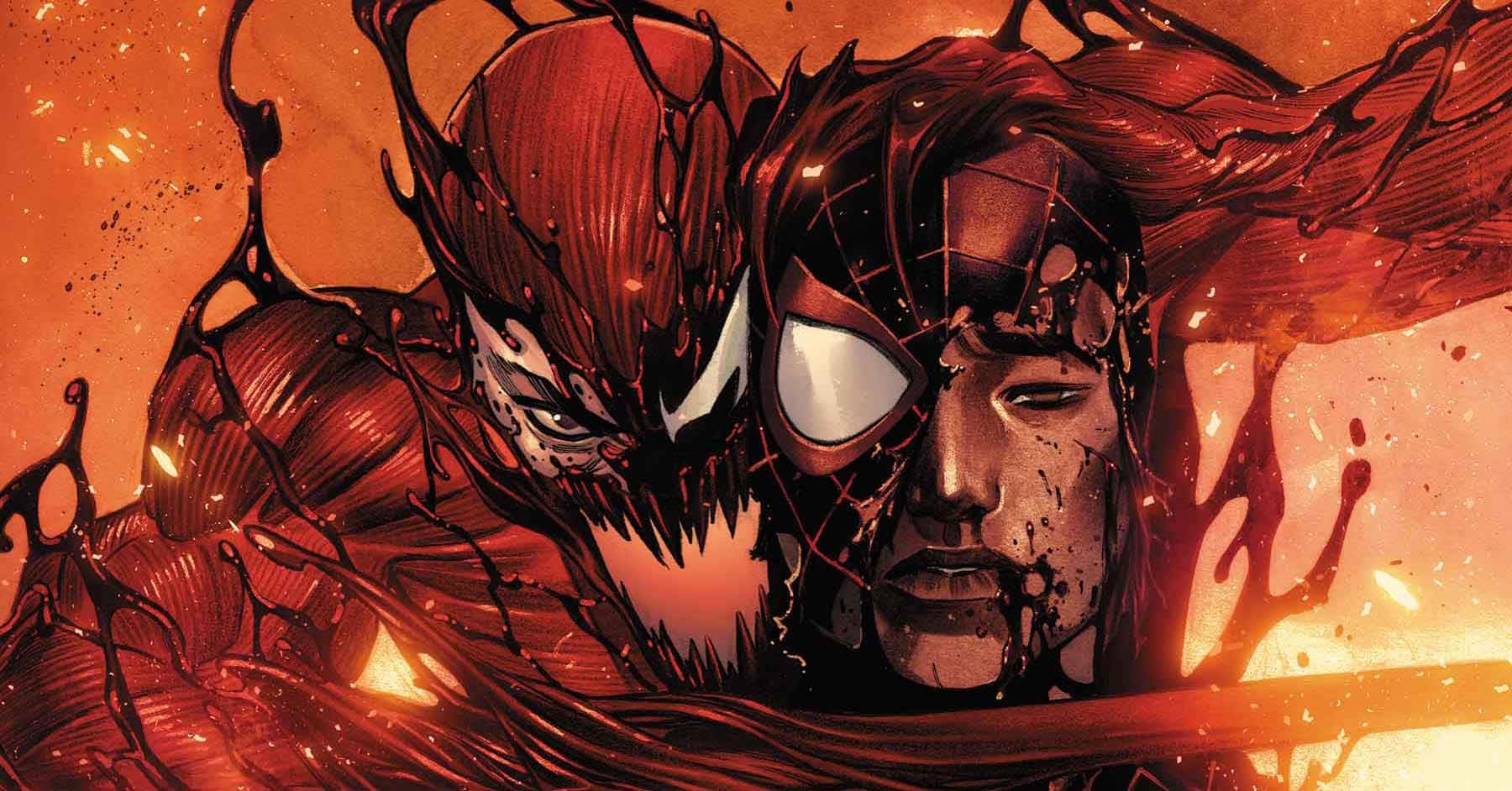 Maximum Carnage 桌布 壁紙 — 猛毒與蜘蛛人在橙色背景上，伴隨著飛濺的共生體觸手，展開一場火紅的戰鬥。