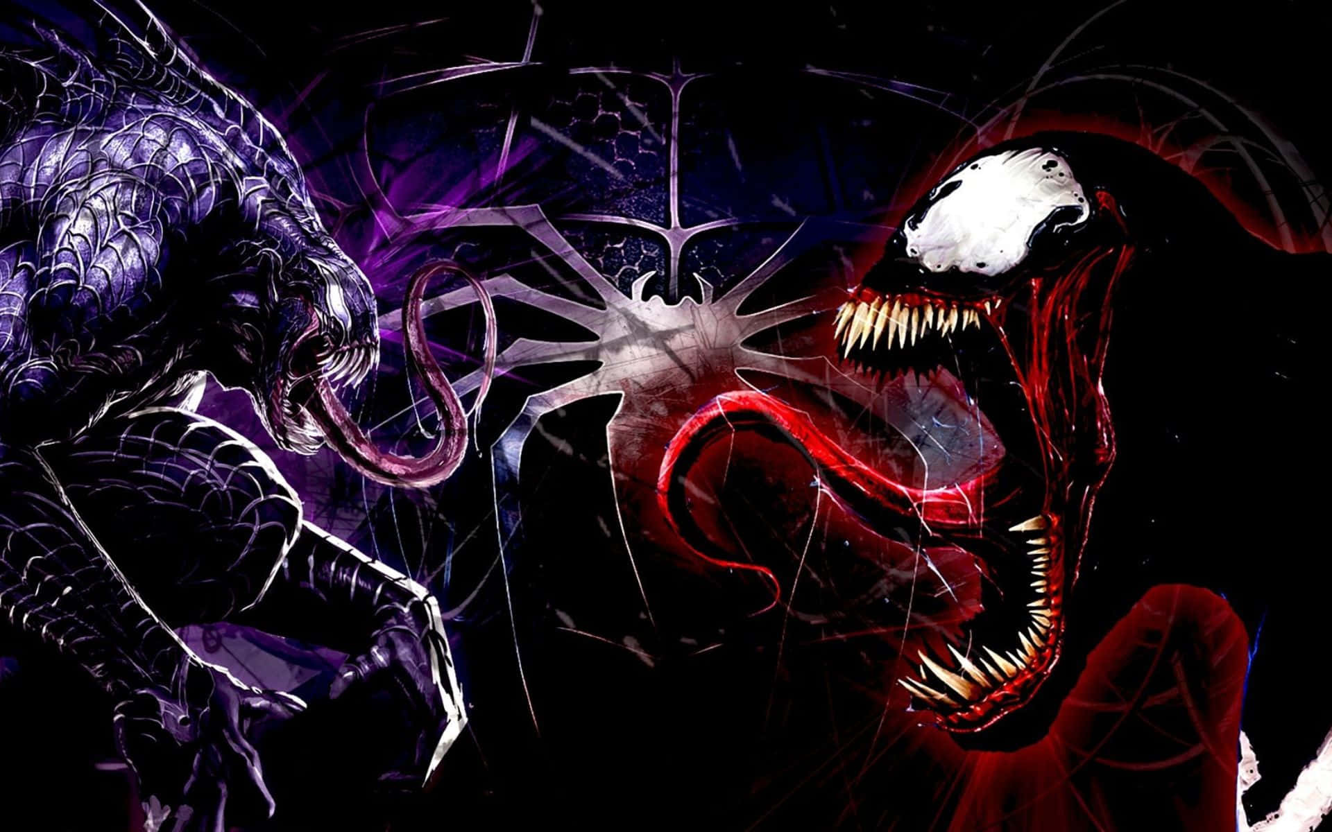 Carnage Vs Venom 桌布 壁紙 — 猛毒與蜘蛛人在深紫色和紅色的漫畫風格戰鬥中碰撞，帶有鋒利的牙齒和蜘蛛網圖案。