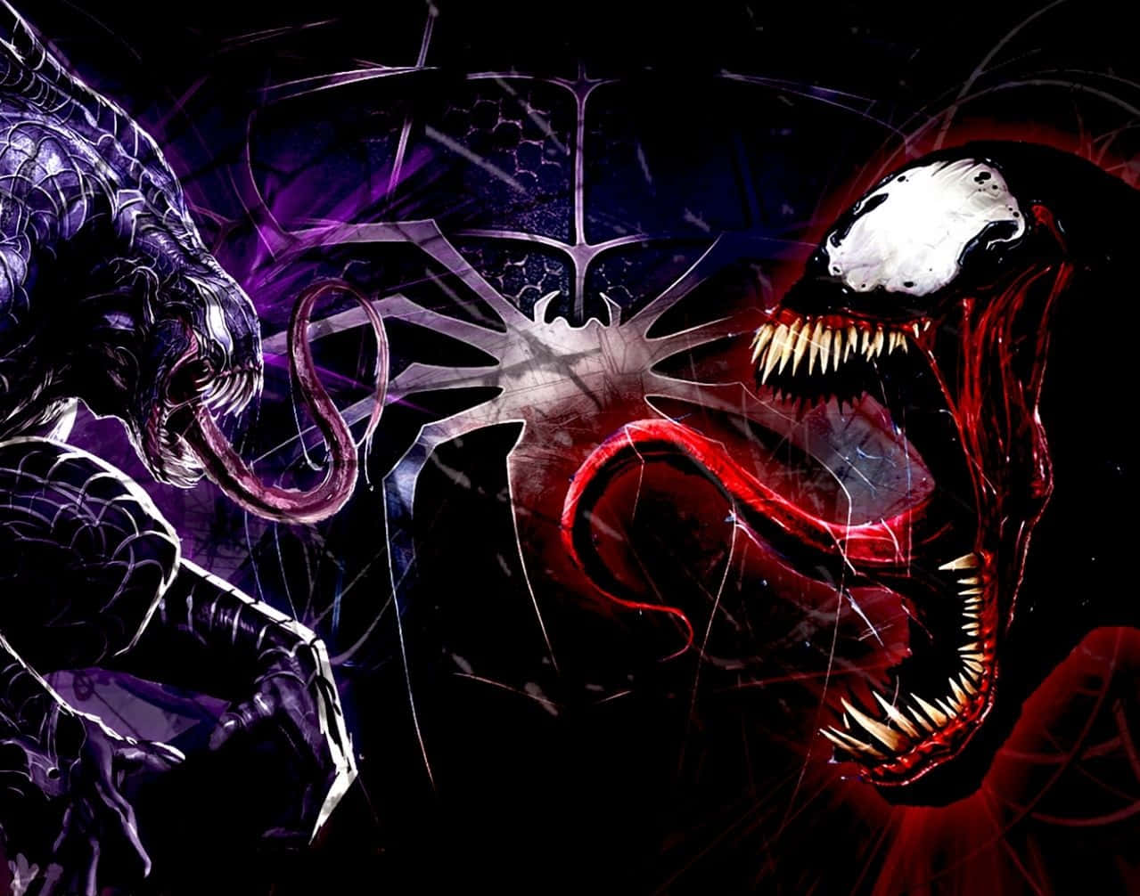 Scary Venom 桌布 壁紙 — 猛毒與蜘蛛人在黑暗、風格化的漫畫戰鬥中碰撞，伴隨著紫色和紅色的能量爆發。