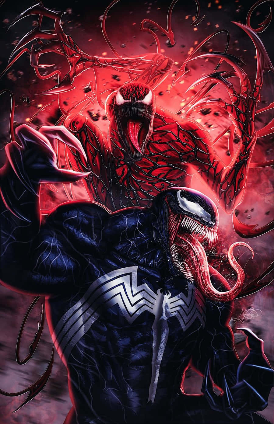 Carnage Vs Venom 桌布 壁紙 — 猛毒與血蜘蛛在觸手與憤怒的火紅與黑色漫畫爆炸中碰撞。
