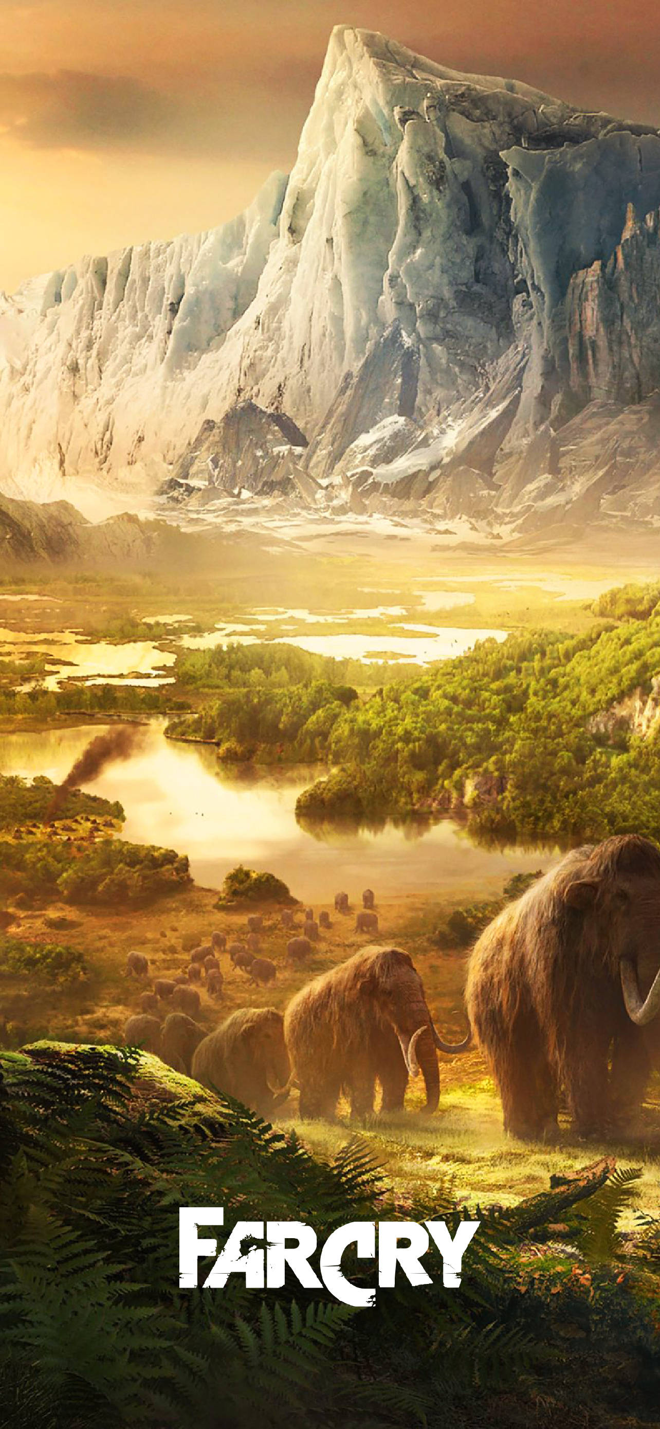 far cry iPhone 桌布 壁紙 — 猛獁象在金色山谷中吃草，高聳的冰川下，夕陽以溫暖的光芒沐浴著大地。