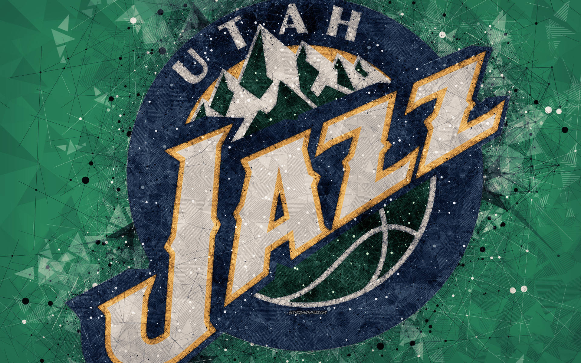 Utah 桌布 壁紙 — 猶他爵士隊標誌，包含山峰和籃球圖案，置於帶有幾何圖案的紋理綠色背景上。