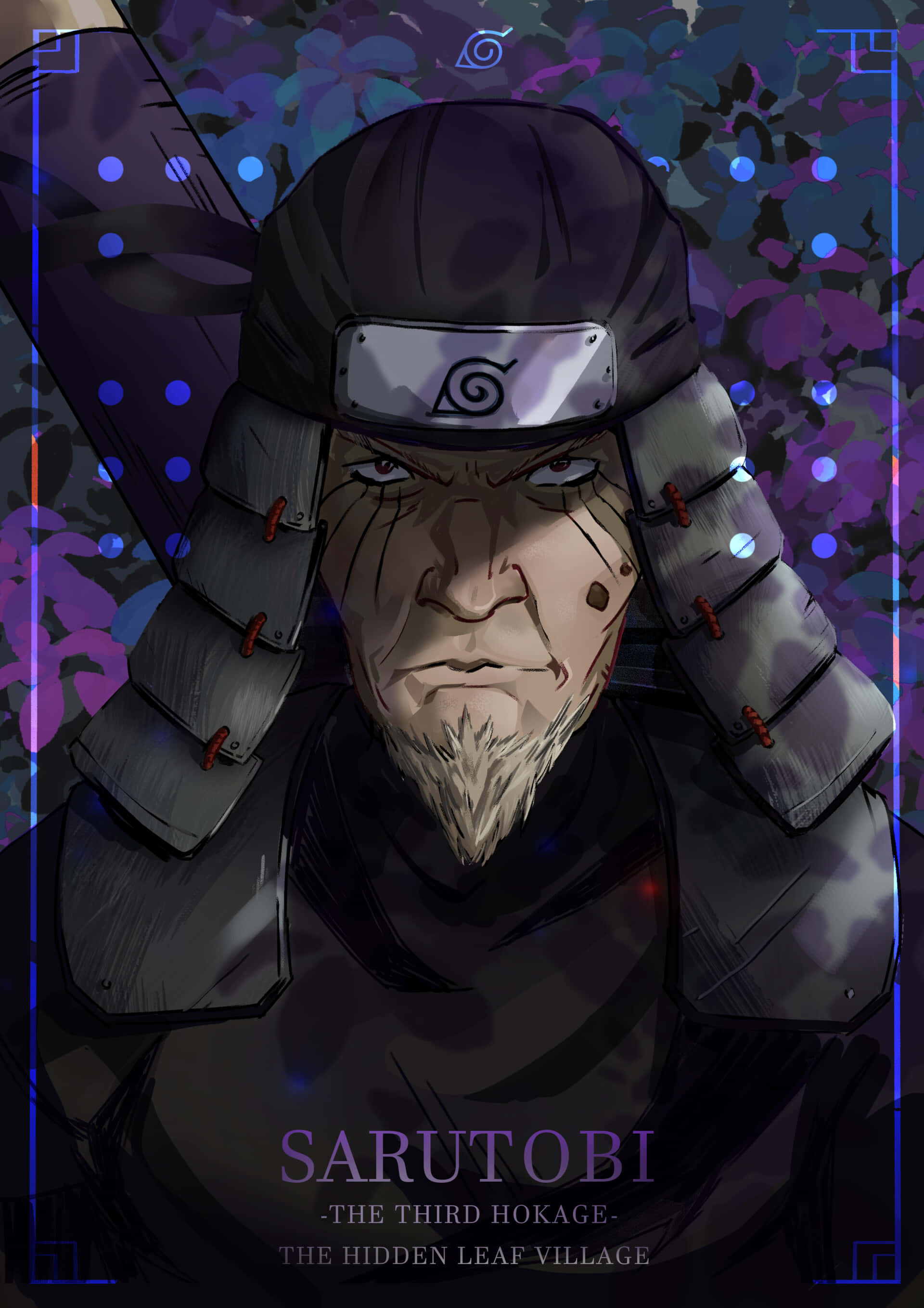 Third Hokage 桌布 壁紙 — 猿飛第三代火影身穿暗色盔甲的嚴肅動畫肖像，背景是發光的紫色花卉。