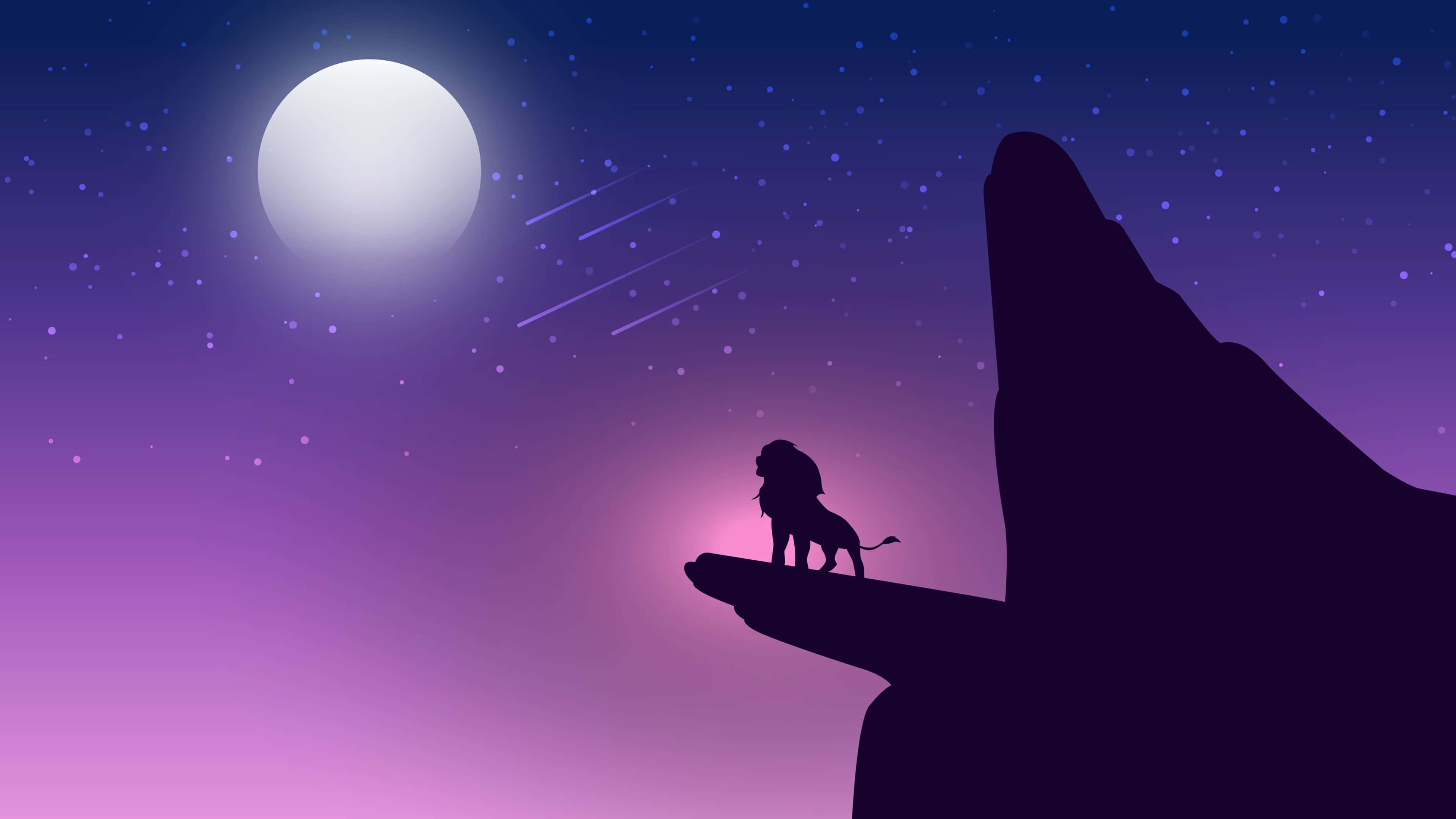 Disney 4K 桌布 壁紙 — 獅子剪影站在懸崖頂上，在紫色暮光天空下，有發光的月亮和流星。
