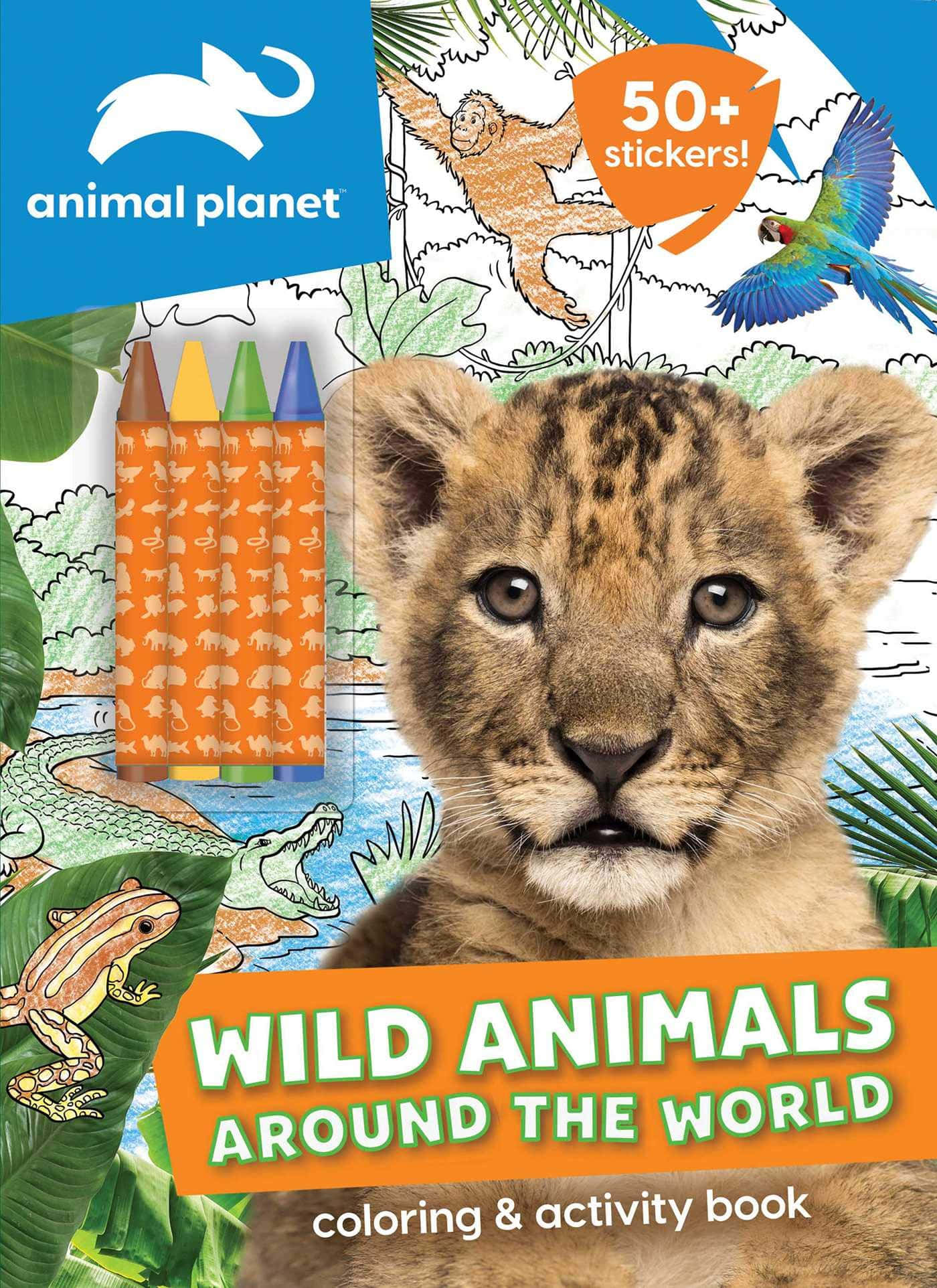 動物星球 桌布 壁紙 — 獅子寶寶的臉部特寫，位於色彩繽紛的活動書封面中央，上面有叢林動物和蠟筆。