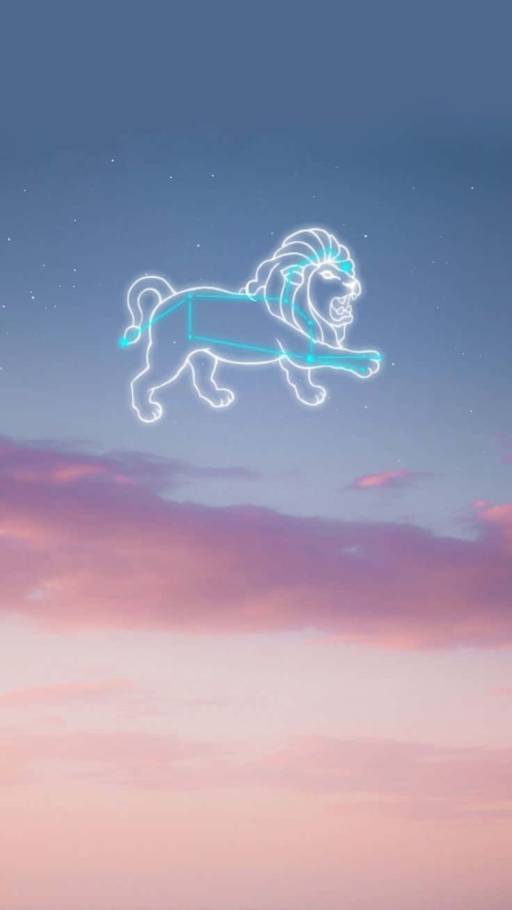 Leo 桌布 壁紙 — 獅子座的發光霓虹輪廓在帶有粉紅和藍色雲彩的暮色天空中跳躍。