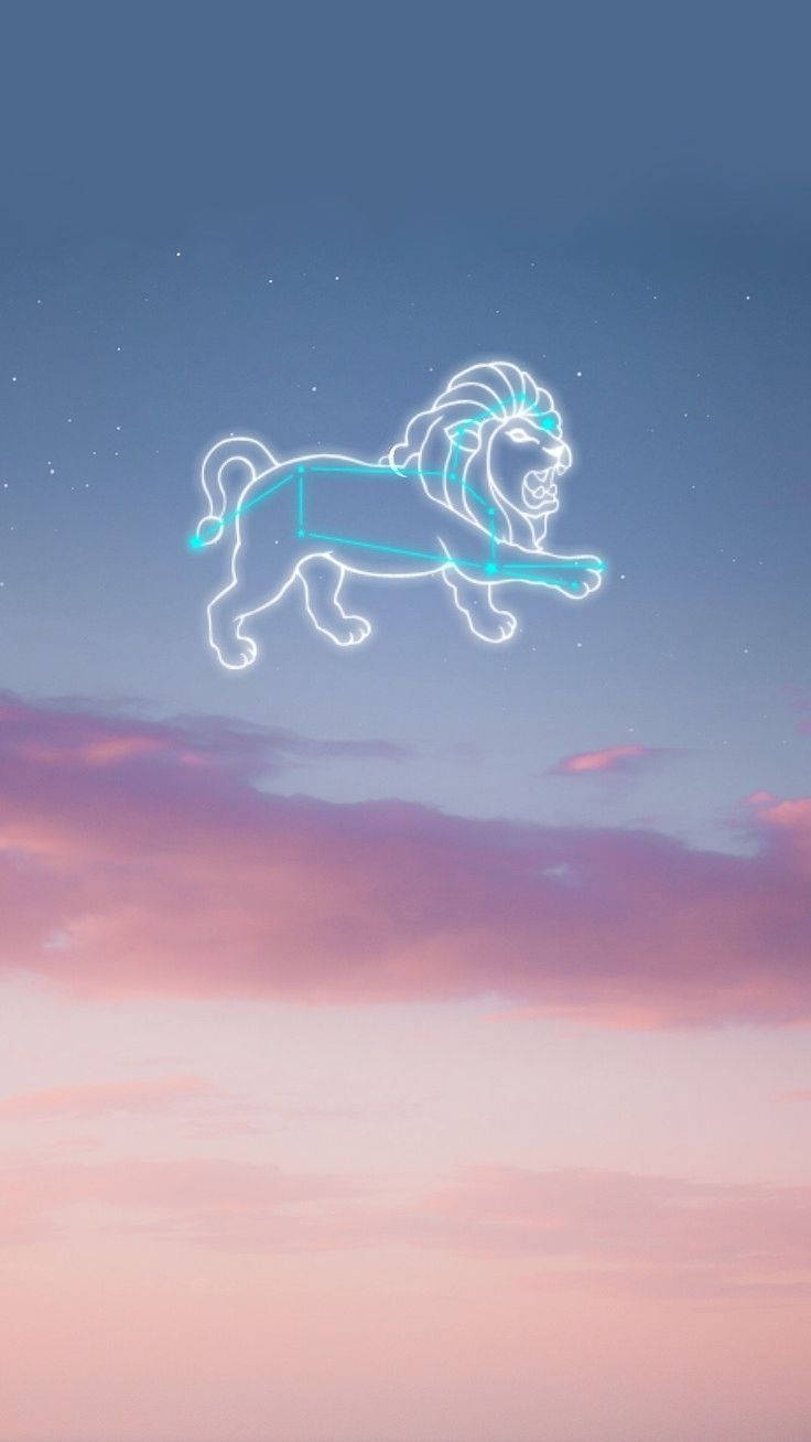 Leo 桌布 壁紙 — 獅子座的發光霓虹輪廓在帶有粉紅色和藍色雲彩的暮色天空中跳躍。