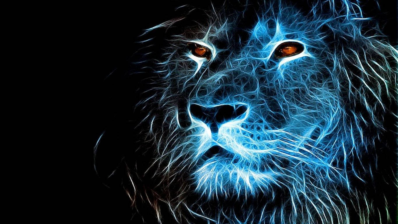 Lion Head 桌布 壁紙 — 獅子的臉在黑色背景上發出電光藍色的能量，眼睛燃燒著琥珀色，充滿強烈的力量。