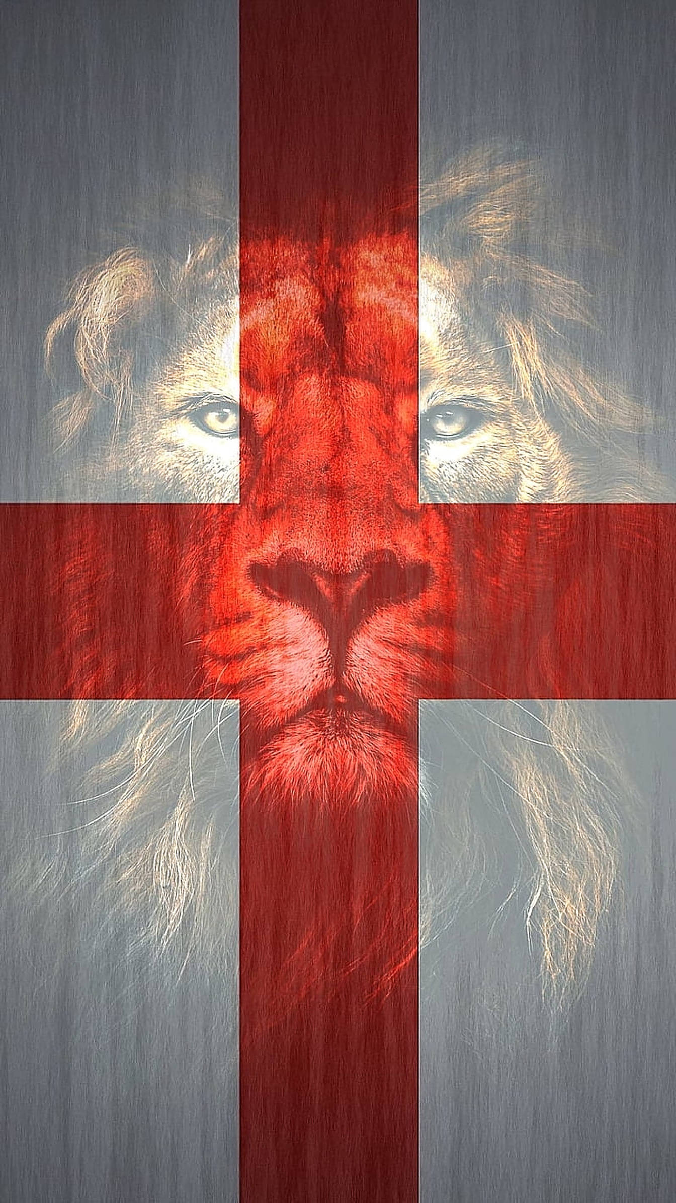 England Flag 桌布 壁紙 — 獅子的臉被紅色十字架分割在灰色紋理背景上，帶有強烈的眼睛和火紅色的毛髮。