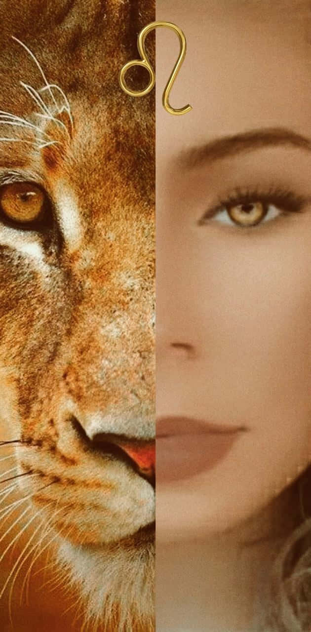 Leo 桌布 壁紙 — 獅子臉和女人臉的分割肖像，上方有金色獅子座符號，兩者均以暖色調呈現。