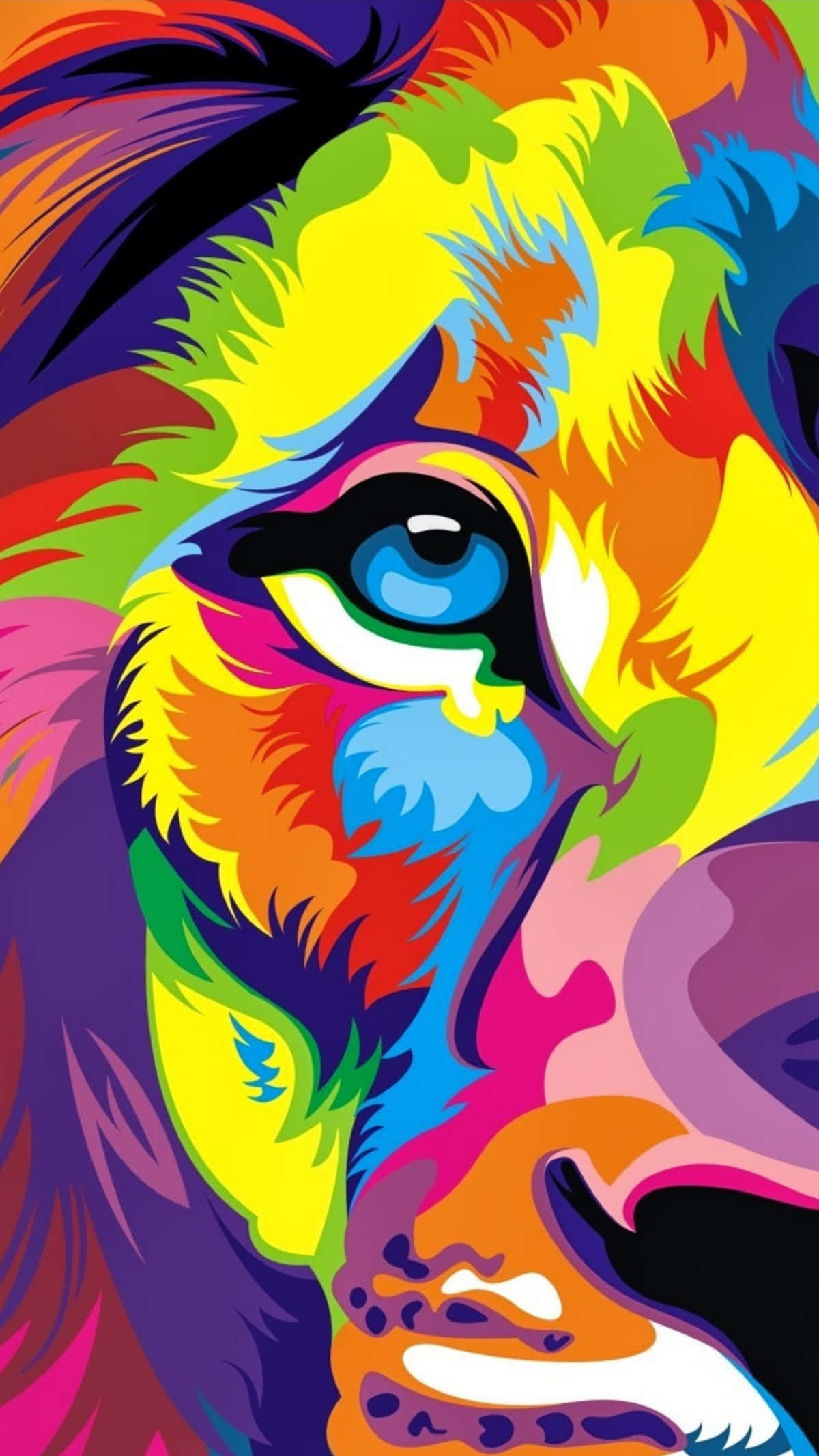 獅子 桌布 壁紙 — 獅子臉的鮮豔普普藝術肖像，帶有迷幻彩虹毛髮和強烈的藍色眼睛。