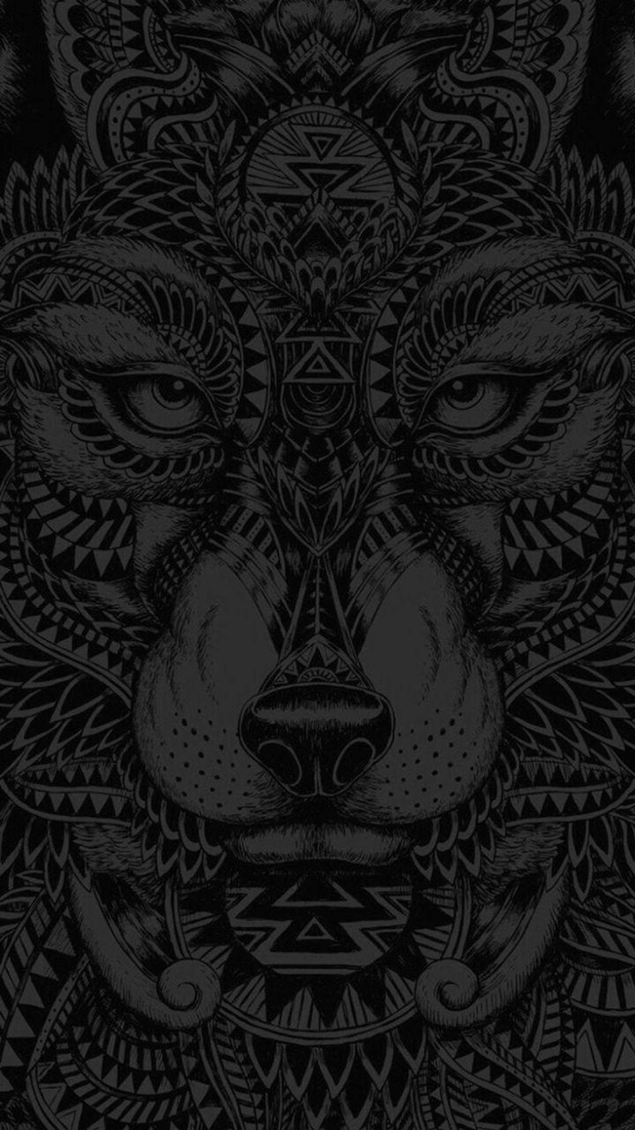 dope iPhone 桌布 壁紙 — 獅子臉部的對稱黑白插圖，飾有複雜的部落圖案和幾何設計。