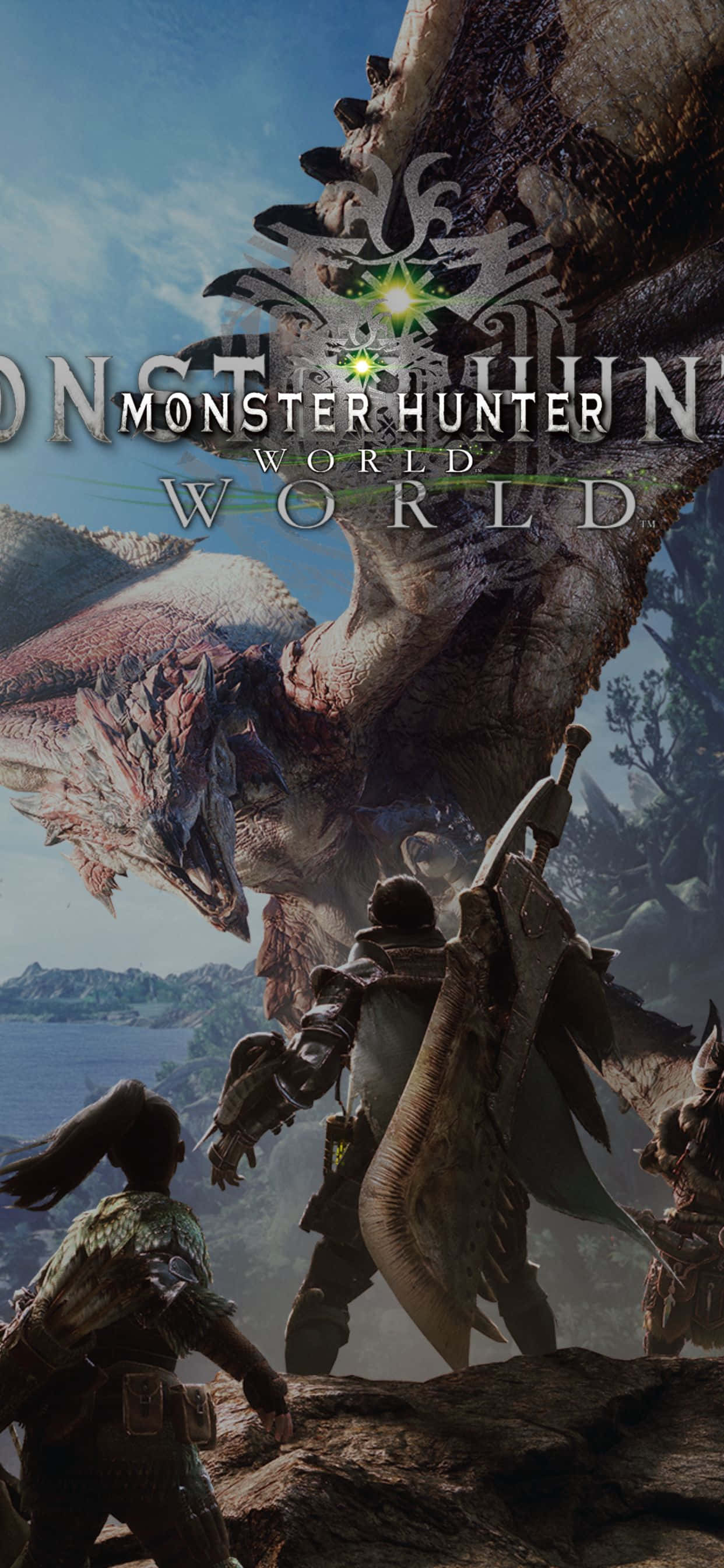 Monster Hunter 桌布 壁紙 — 獵人在明亮的天空下，在戲劇性的山景中面對一條巨大的龍。