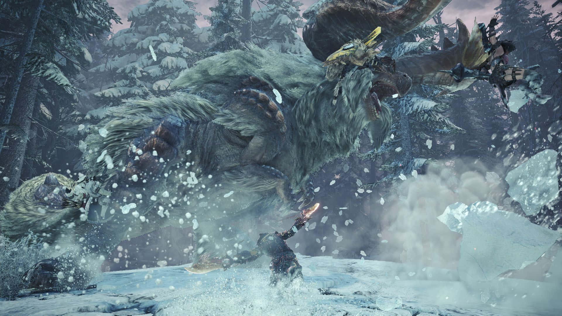 Monster Hunter Desktop 桌布 壁紙 — 獵人在暴風雪森林中與一隻巨大的雪獸戰鬥，雪花飄落，冰塊碎裂。