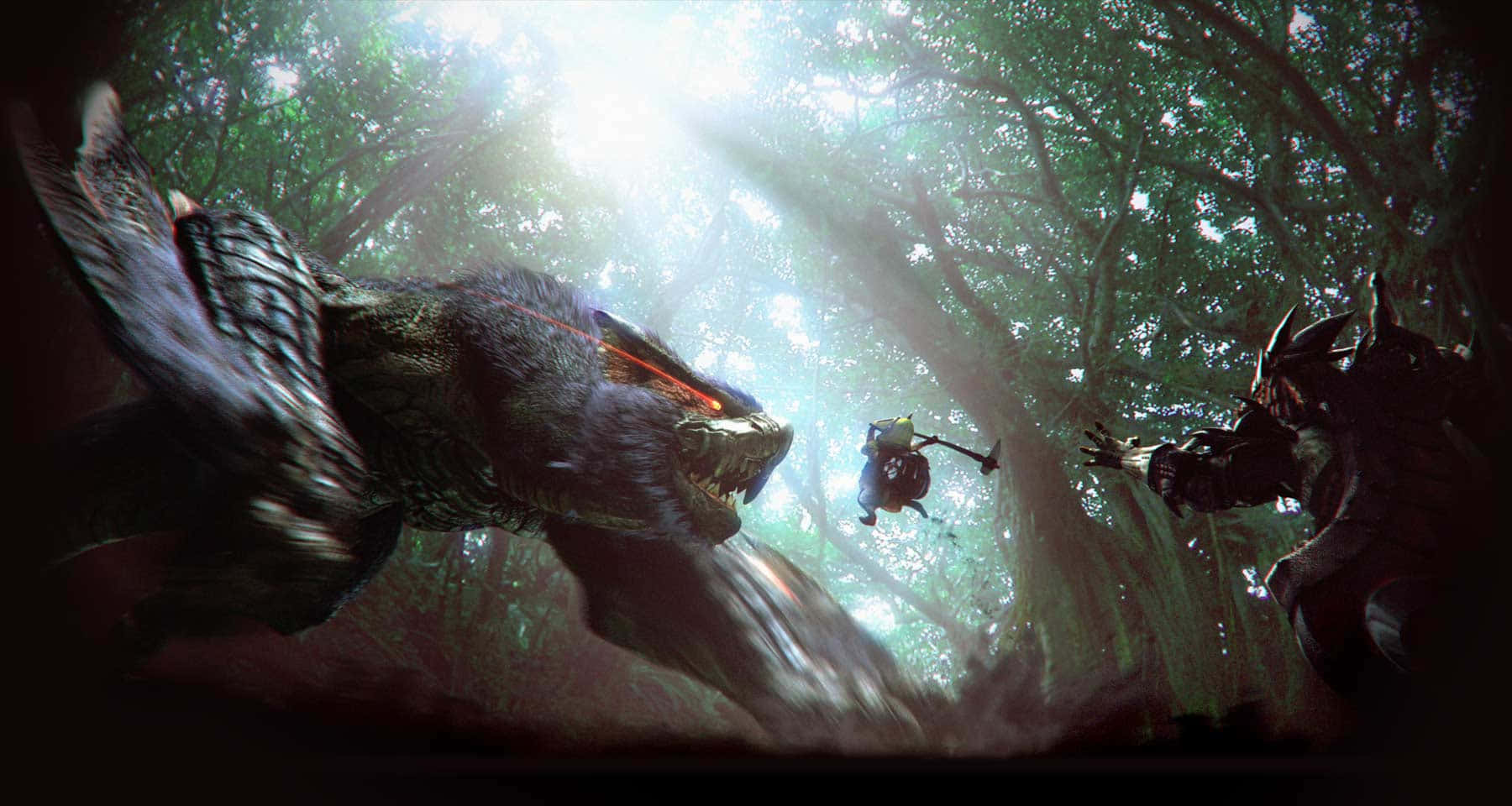 Monster Hunter Desktop 桌布 壁紙 — 獵人在陽光明媚的森林中與一頭巨獸搏鬥，光束穿過茂密的綠色樹冠。