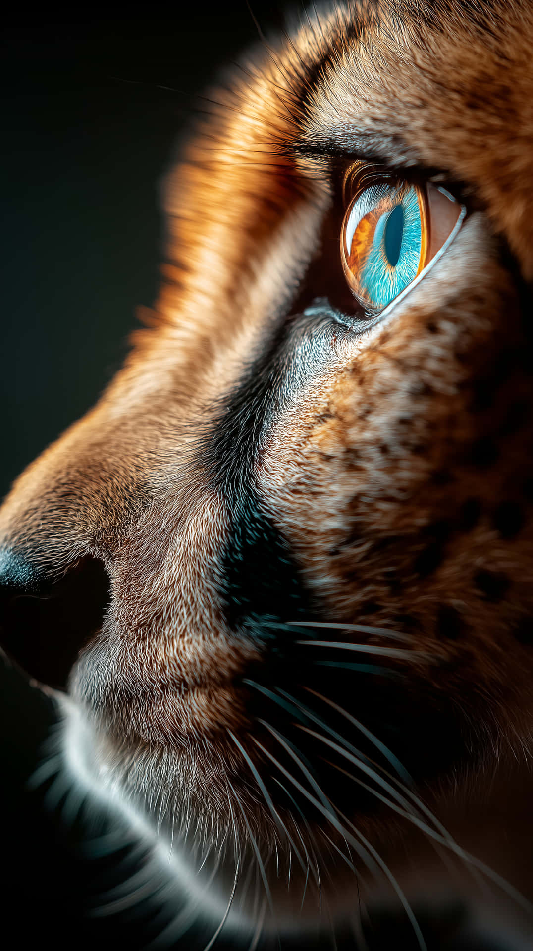 Intense Cheetah Eye Macro Close-Up with Azure Iris 壁紙 — 獵豹側面特寫，擁有銳利的藍色眼睛和金色皮毛，背景為深色。