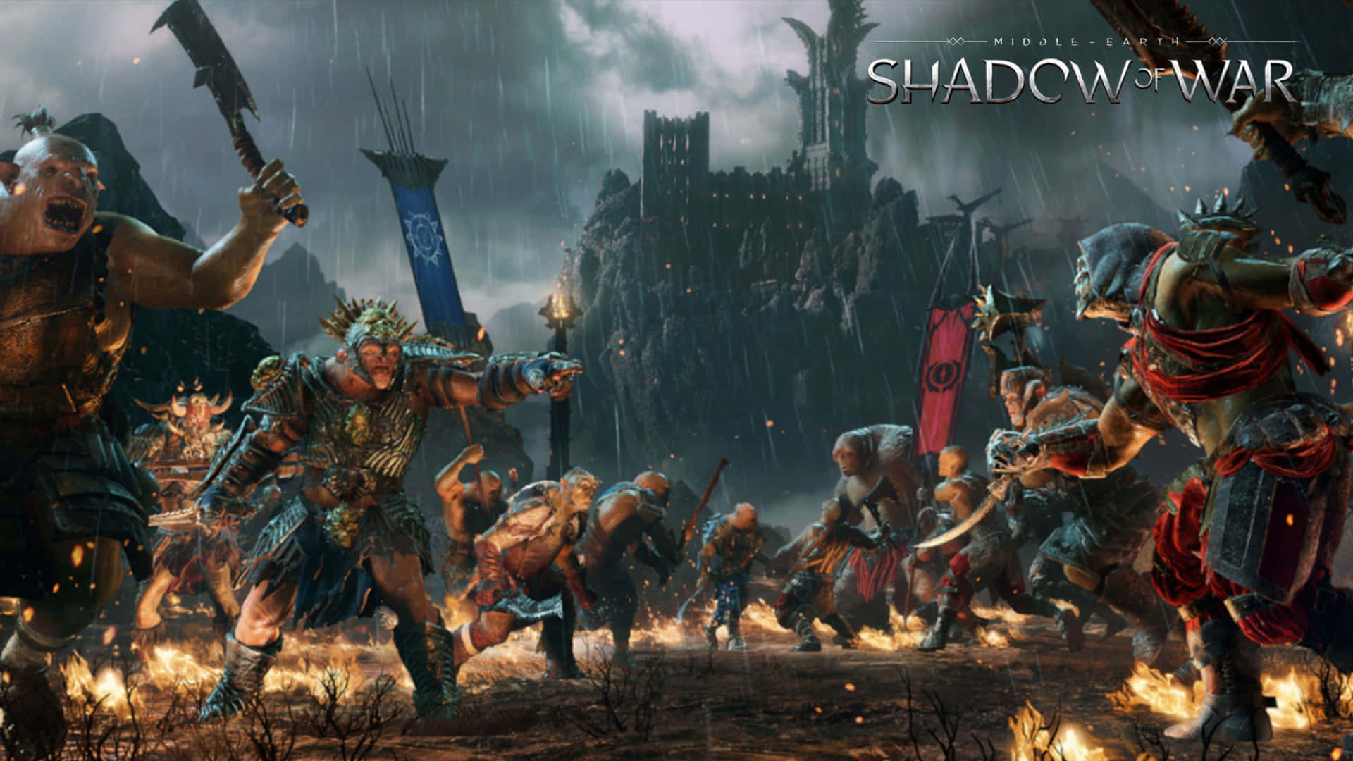 4K Shadow Of War 桌布 壁紙 — 獸人戰士在風暴天空下衝過熾熱的戰場，構成戲劇性的中土世界場景。
