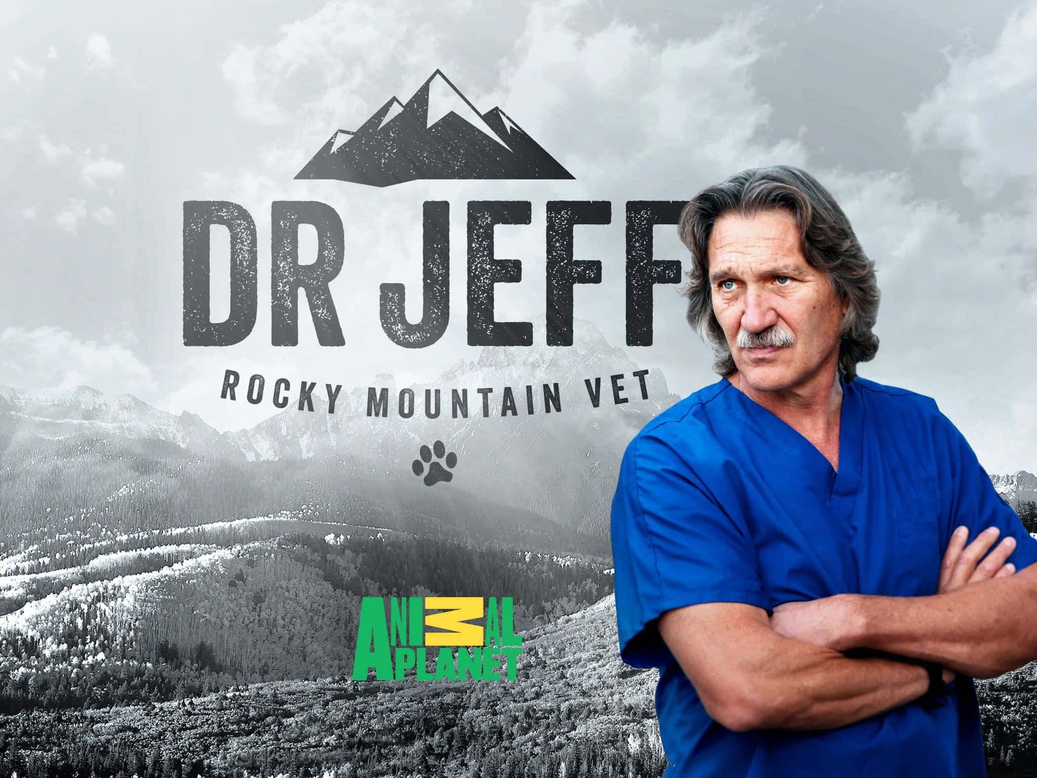 動物星球 桌布 壁紙 — 獸醫Dr Jeff自信地穿著藍色手術服，站在雪山背景下，帶有'Dr Jeff Rocky Mountain Vet'文字。
