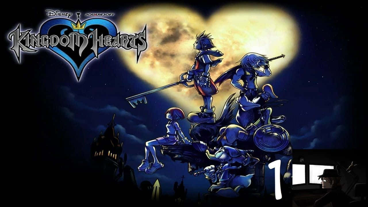 Ps Vita 桌布 壁紙 — 《王國之心》的角色們站在黑暗城堡的剪影上，背景是一輪發光的愛心形月亮。