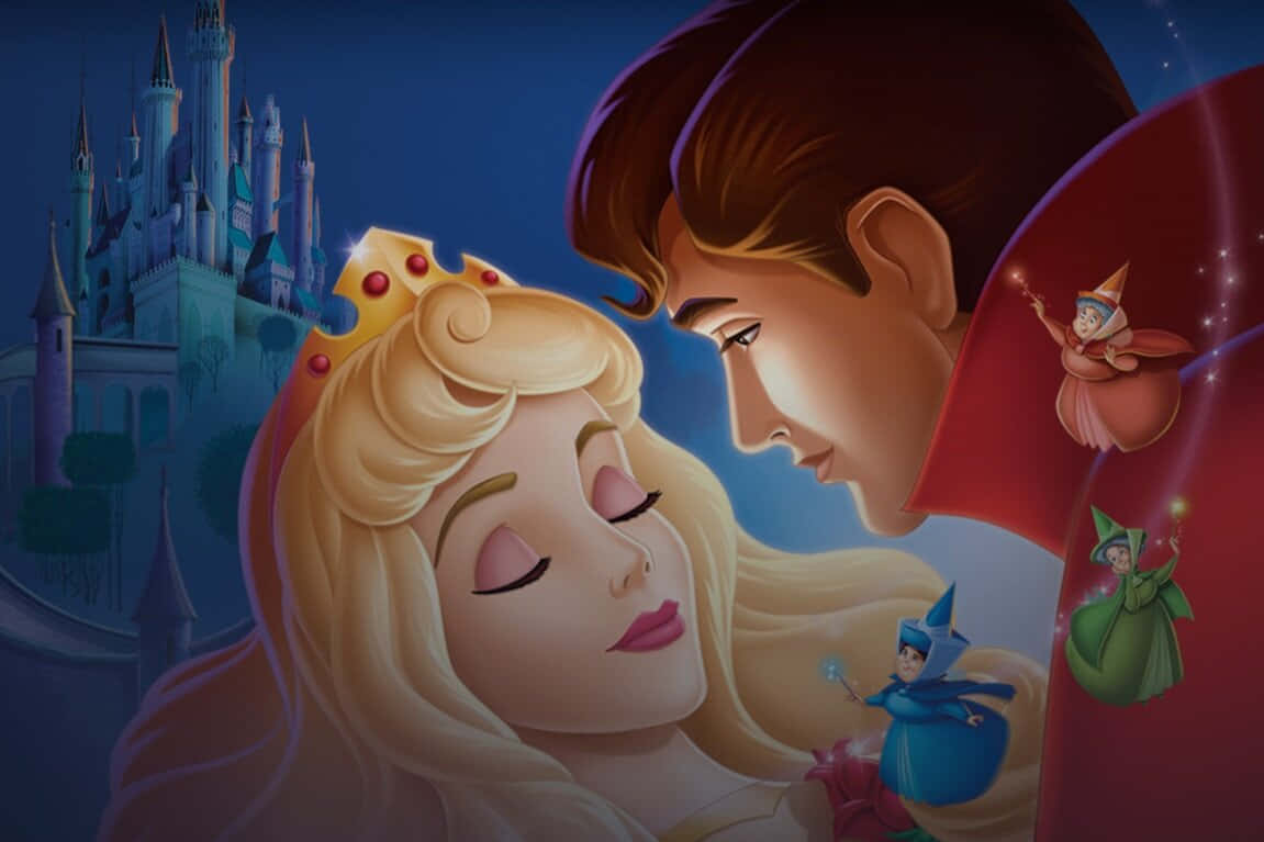 sleeping beauty 桌布 壁紙 — 王子與公主在星空下分享溫馨時刻，背景有城堡，附近有發光的仙女。