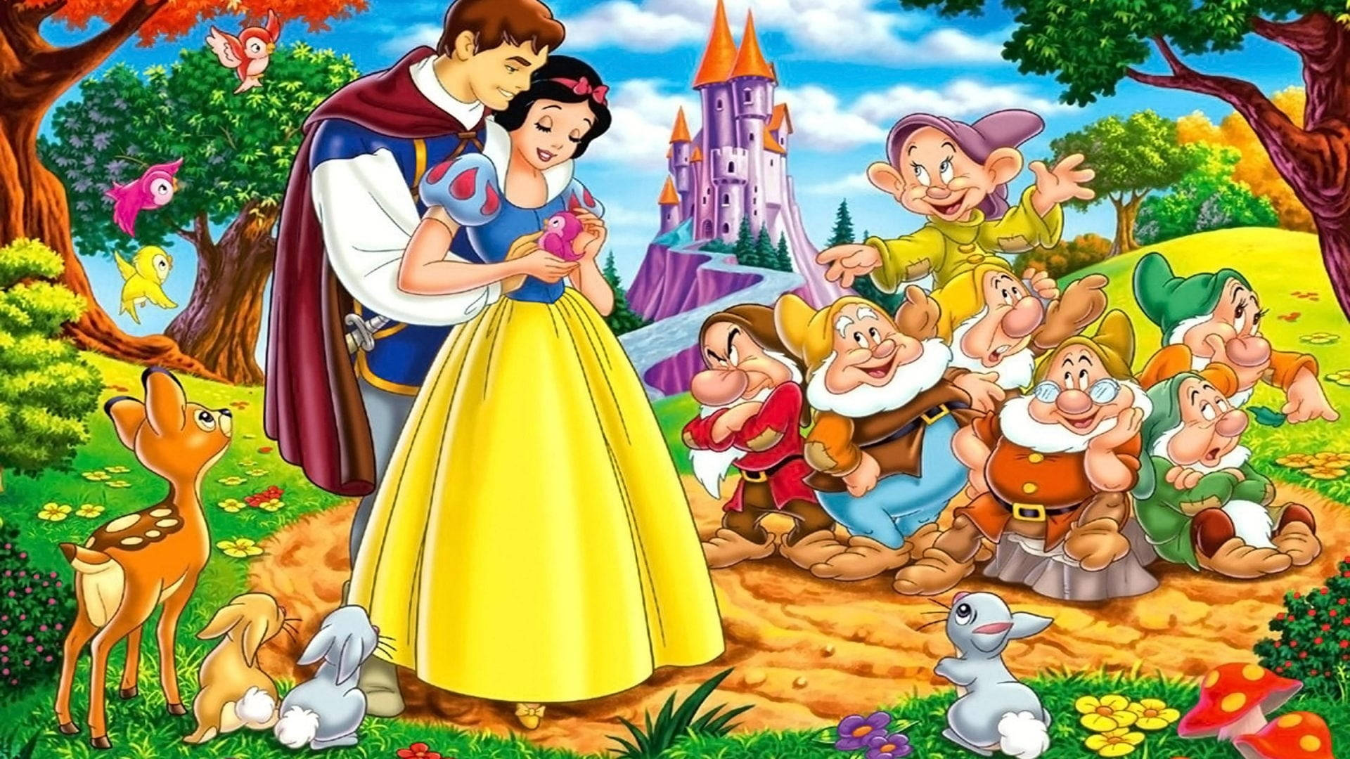 Seven Dwarfs 桌布 壁紙 — 王子與白雪公主在城堡附近充滿活力的魔法森林中與七個小矮人分享溫馨時刻。