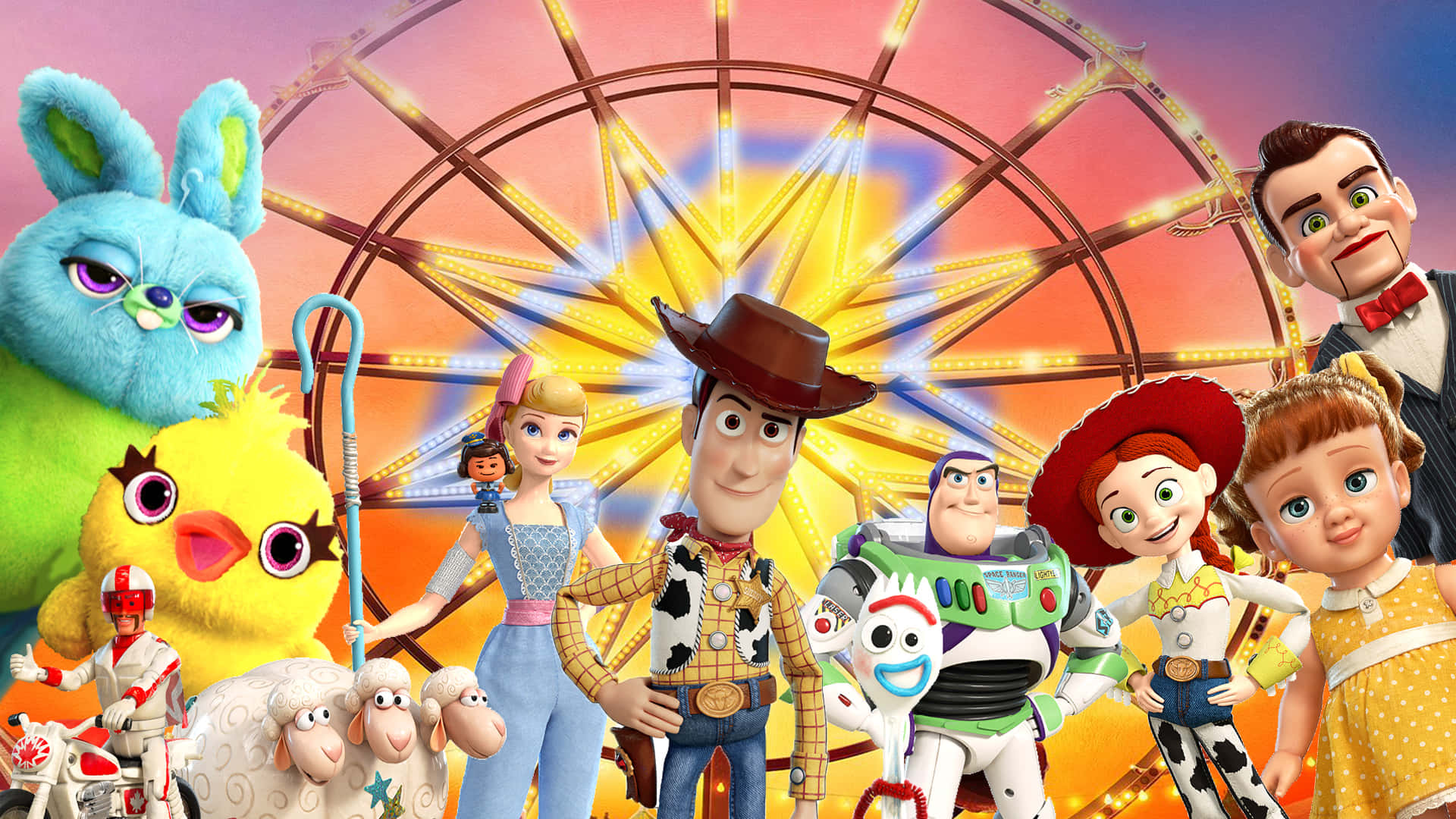 Toy Story 4 桌布 壁紙 — 《玩具總動員》中充滿活力的動畫角色在日落時分歡樂地聚集在閃閃發光的嘉年華摩天輪前。