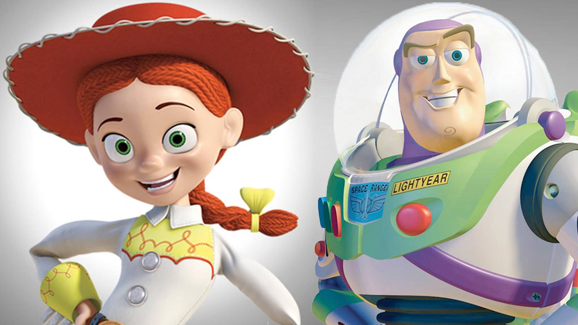 Jessie 桌布 壁紙 — 《玩具總動員》的 Jessie 和 Buzz Lightyear 在純白背景前燦爛微笑。