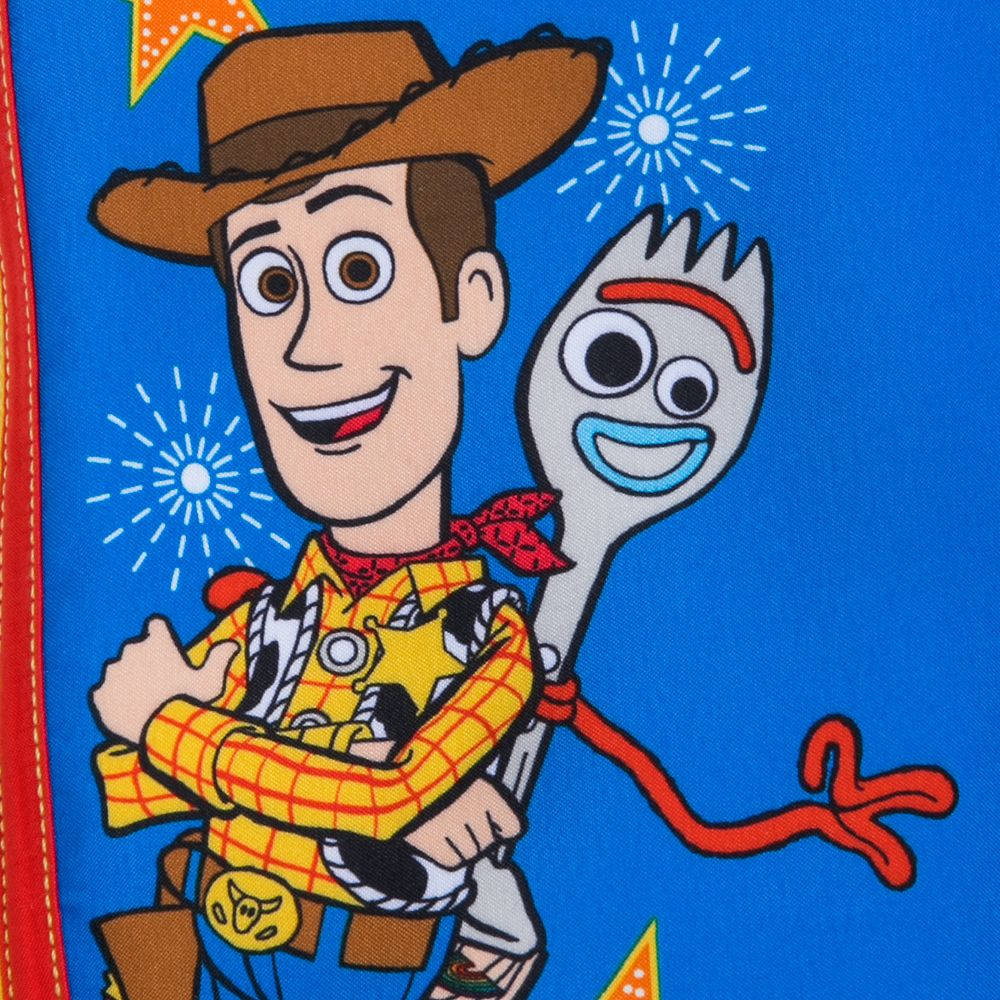 Forky 桌布 壁紙 — 《玩具總動員》的胡迪和叉奇在明亮的藍色背景和白色煙火前愉快地擺姿勢。