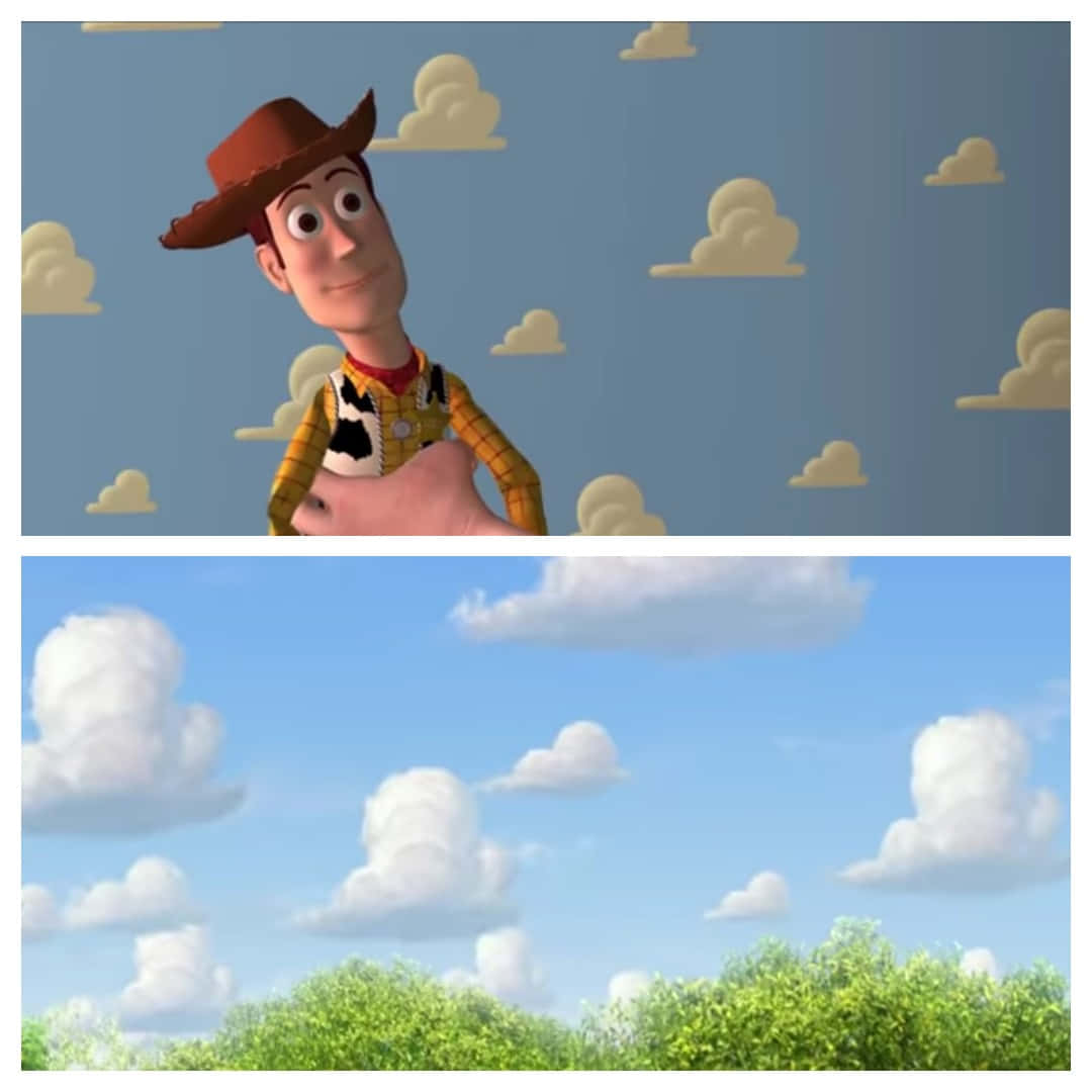 Toy Story Cloud 桌布 壁紙 — 《玩具總動員》的胡迪在藍天白雲和綠樹上方微笑。