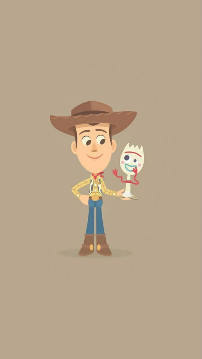 Forky 桌布 壁紙 — 《玩具總動員》的胡迪穿著牛仔裝，微笑地站在他忠實的叉子朋友 Forky 旁邊，背景是純米色。