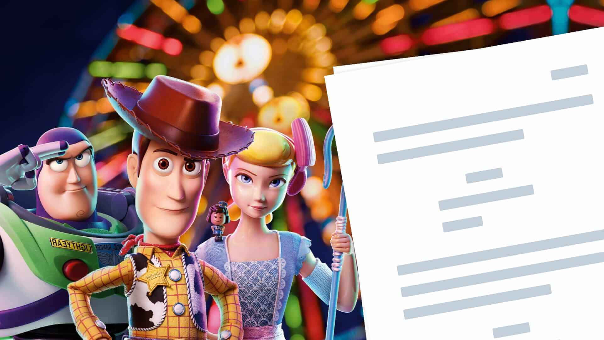Toy Story 4 桌布 壁紙 — 《玩具總動員》角色胡迪、巴斯光年和潔西站在發光的嘉年華背景前，前景有一份文件。