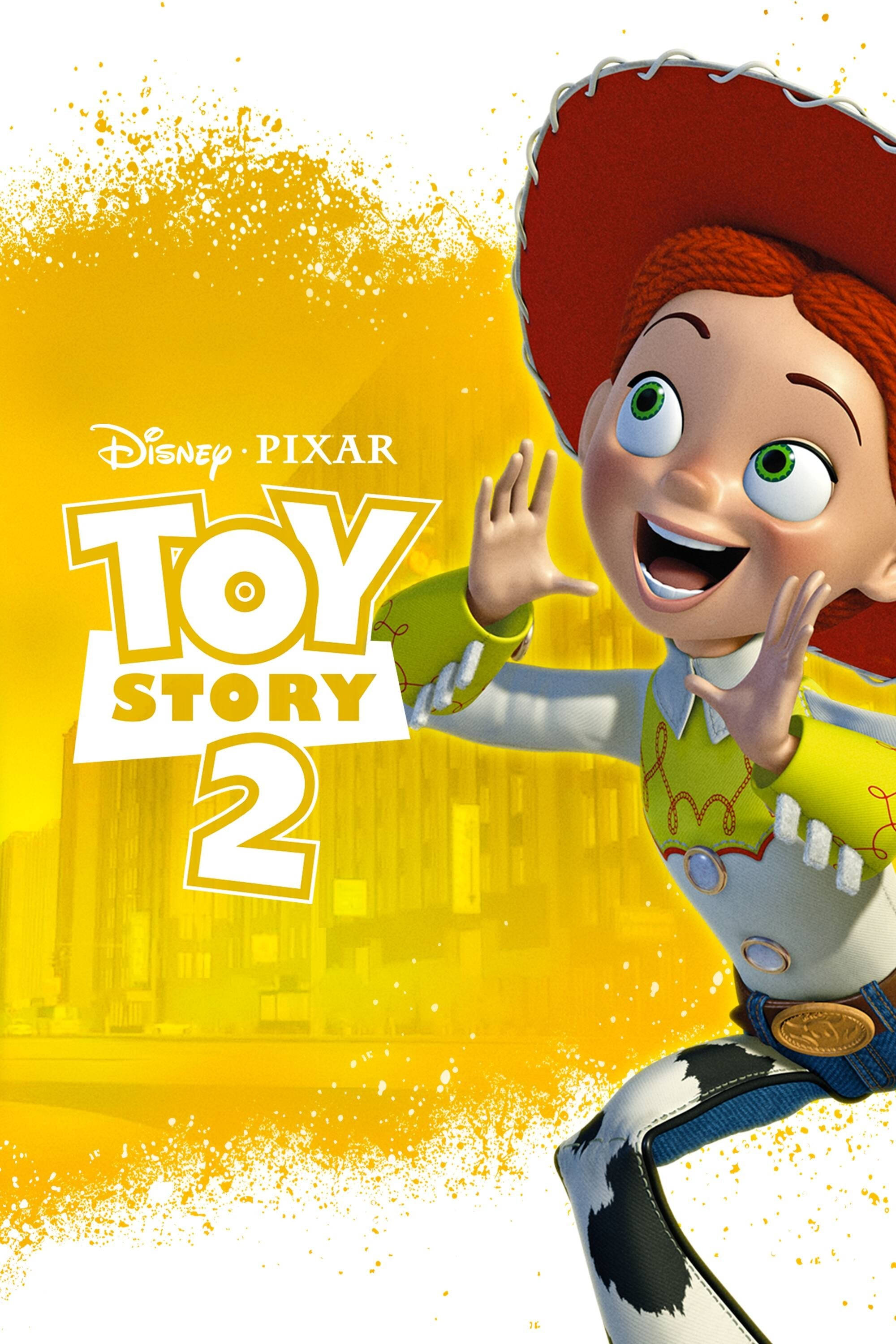 Toy Story 2 桌布 壁紙 — 《玩具總動員2》的胡迪在充滿活力的黃色潑濺背景和模糊的城市景觀中愉快地揮手。