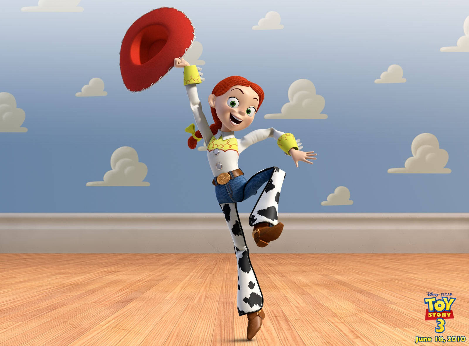 Toy Story 3 桌布 壁紙 — 《玩具總動員3》中的潔西在一個有藍天白雲壁紙的房間裡快樂地跳躍。
