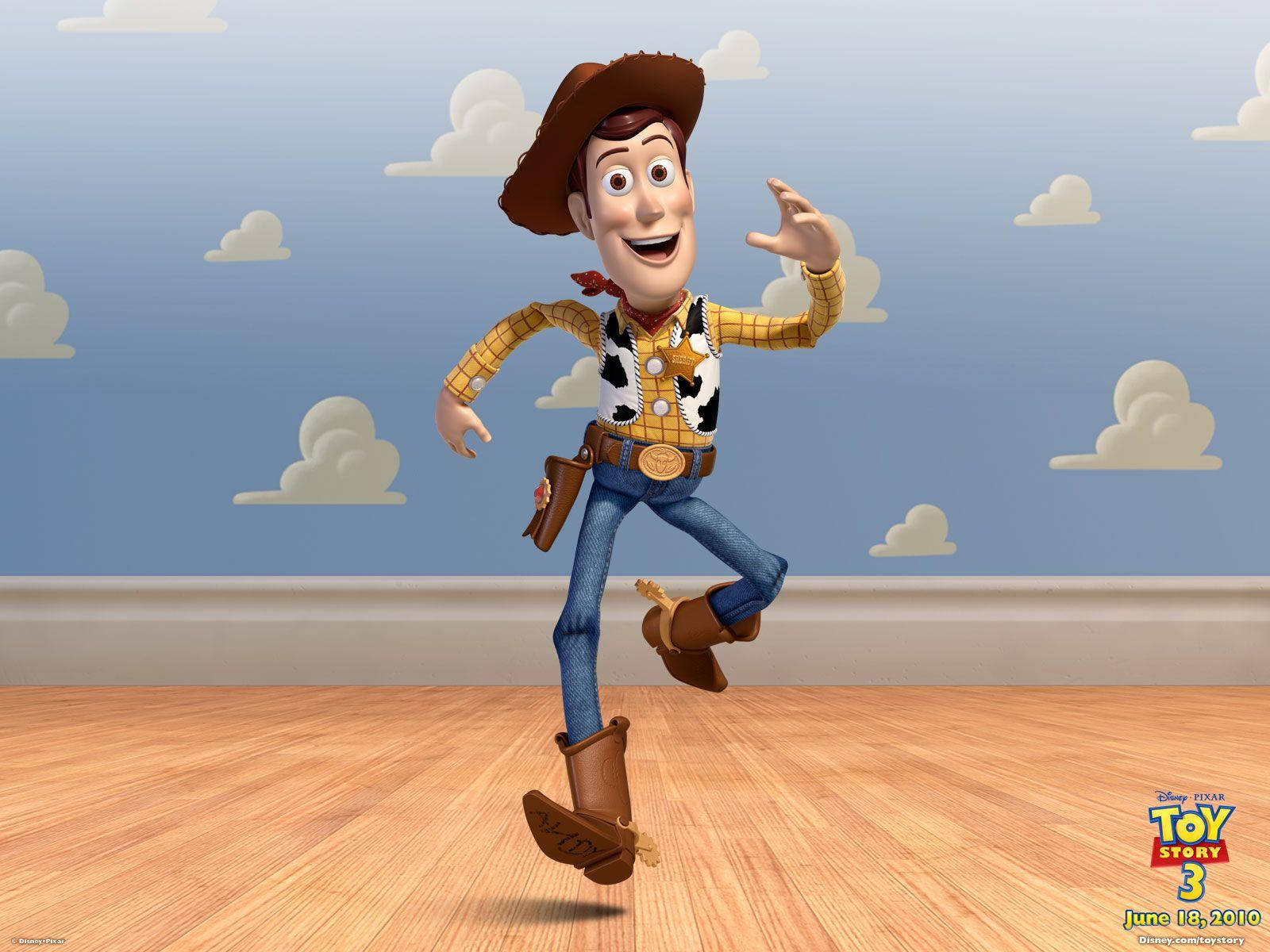 Toy Story 3 桌布 壁紙 — 《玩具總動員3》的胡迪在木地板上歡快地跳躍，背景是藍天白雲。