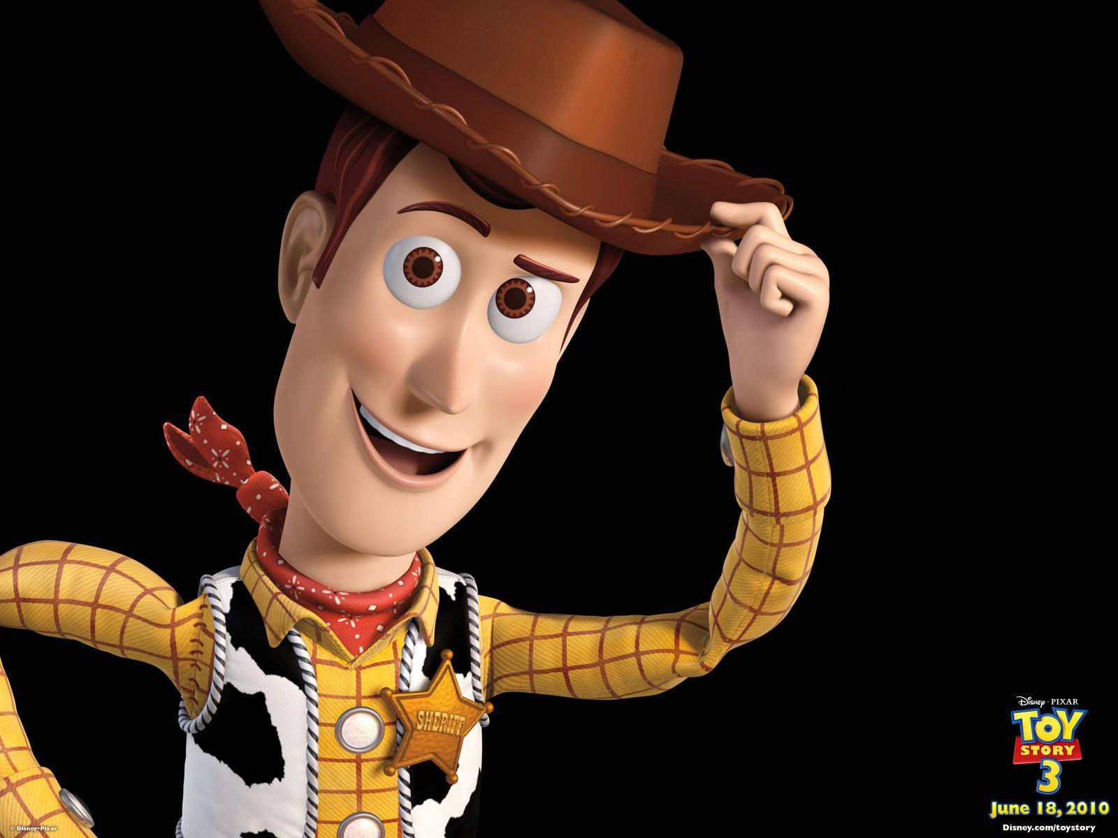 Toy Story 3 桌布 壁紙 — 《玩具總動員3》的胡迪在黑色背景前愉快地微笑，同時傾斜他的牛仔帽。