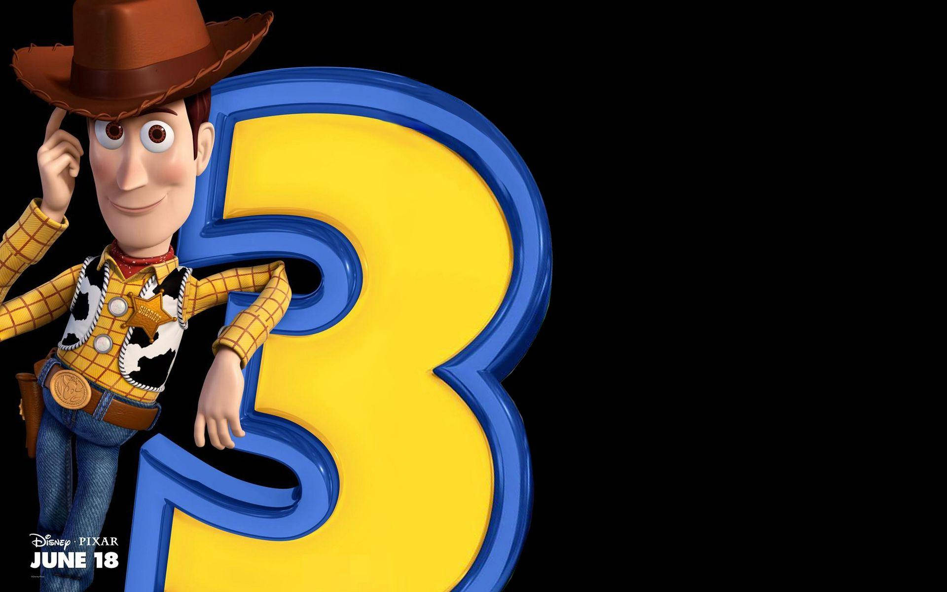 Toy Story 3 桌布 壁紙 — 《玩具總動員3》的胡迪靠在一個巨大的黃色數字三上，數字有藍色輪廓，背景為黑色。