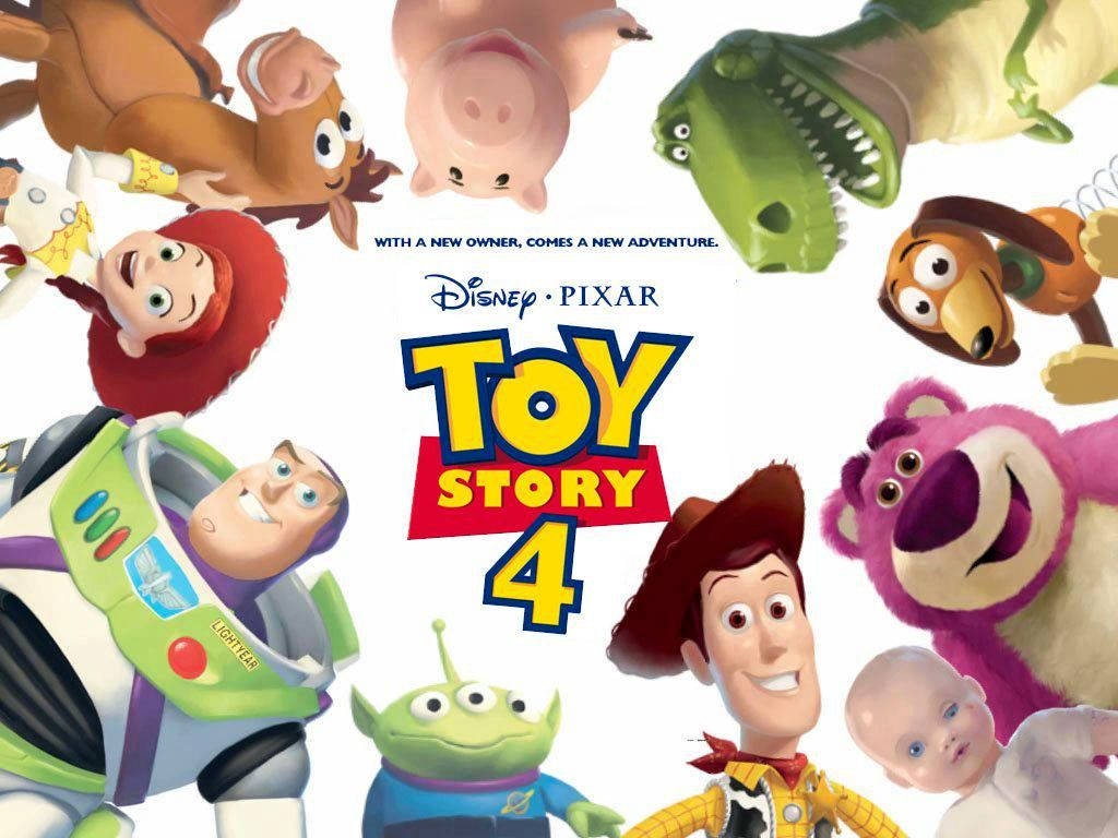 Toy Story 4 桌布 壁紙 — 《玩具總動員4》充滿活力的宣傳海報，展示深受喜愛的動畫角色如胡迪、巴斯光年和叉奇，圍繞標題排列。