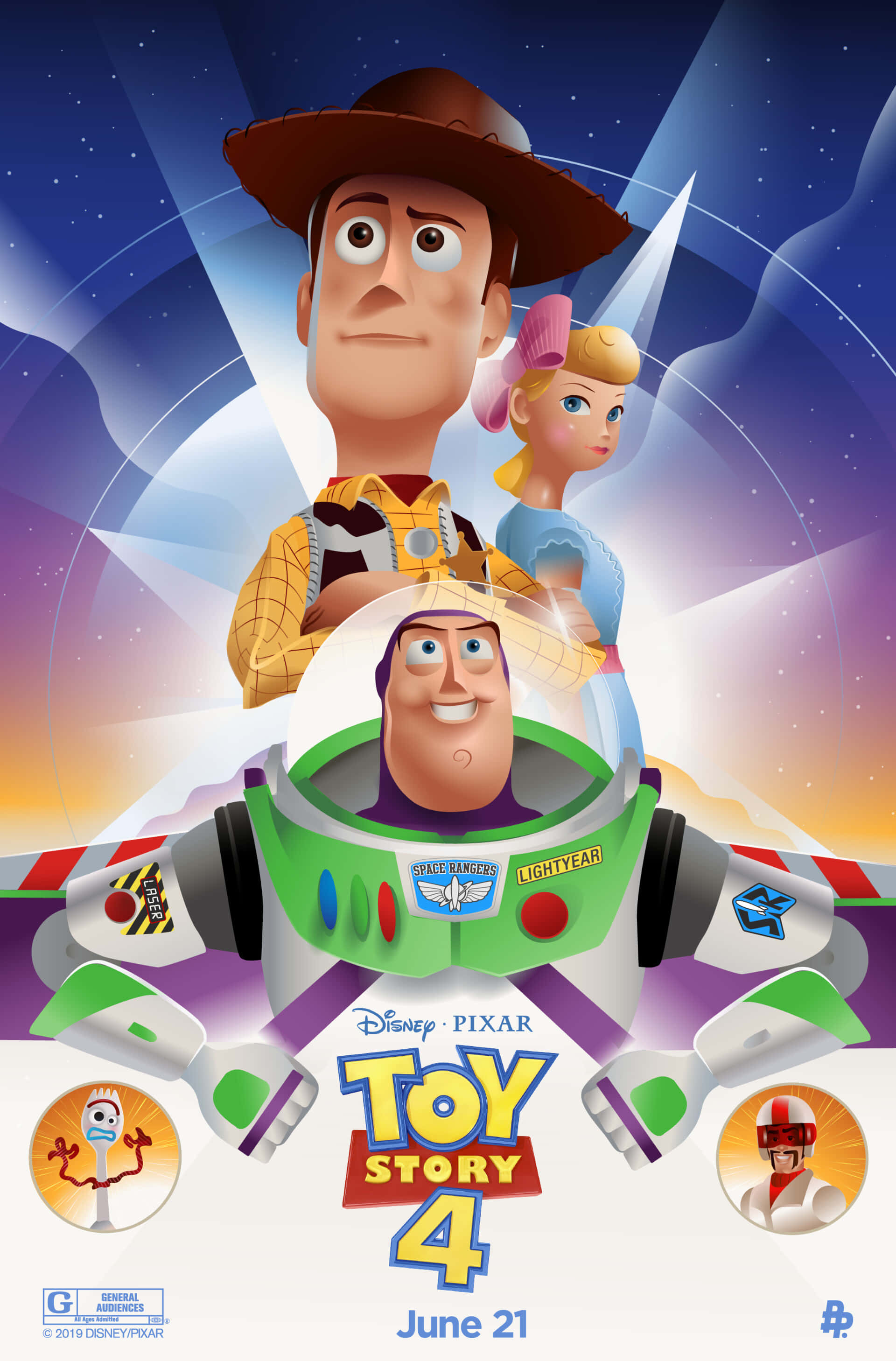 Toy Story 4 桌布 壁紙 — 《玩具總動員4》海報，巴斯光年身穿太空衣，胡迪和牧羊女寶貝在他身後，背景是星光燦爛的宇宙。