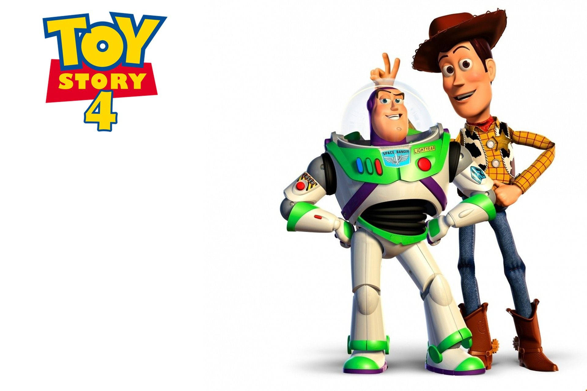 Toy Story 4 桌布 壁紙 — 《玩具總動員4》的巴斯光年與胡迪自信地站在純白背景前，角落有電影標誌。