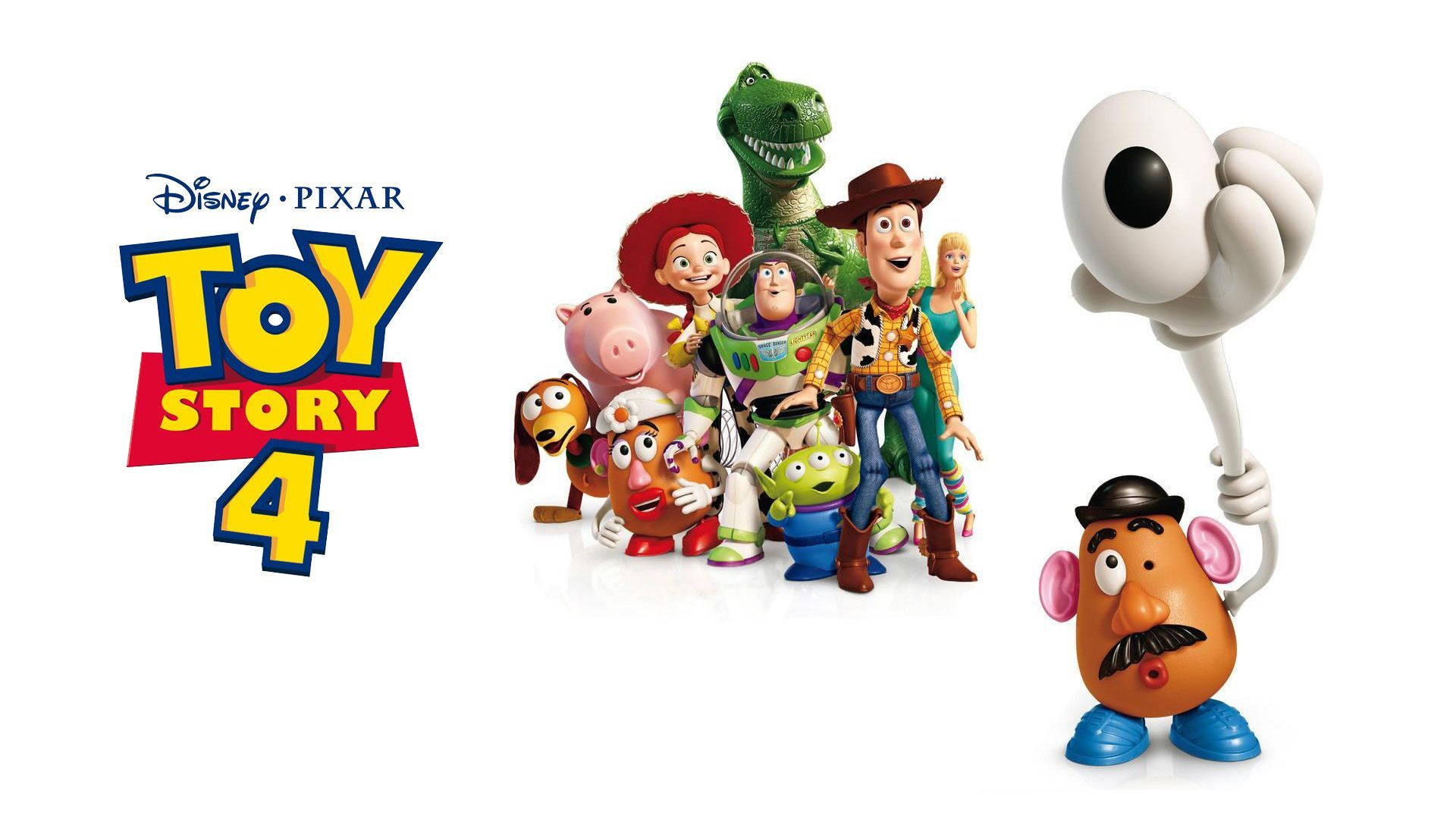 Toy Story 4 桌布 壁紙 — 《玩具總動員4》角色包括胡迪、巴斯光年和蛋頭先生，在潔白背景前愉快地擺姿勢。