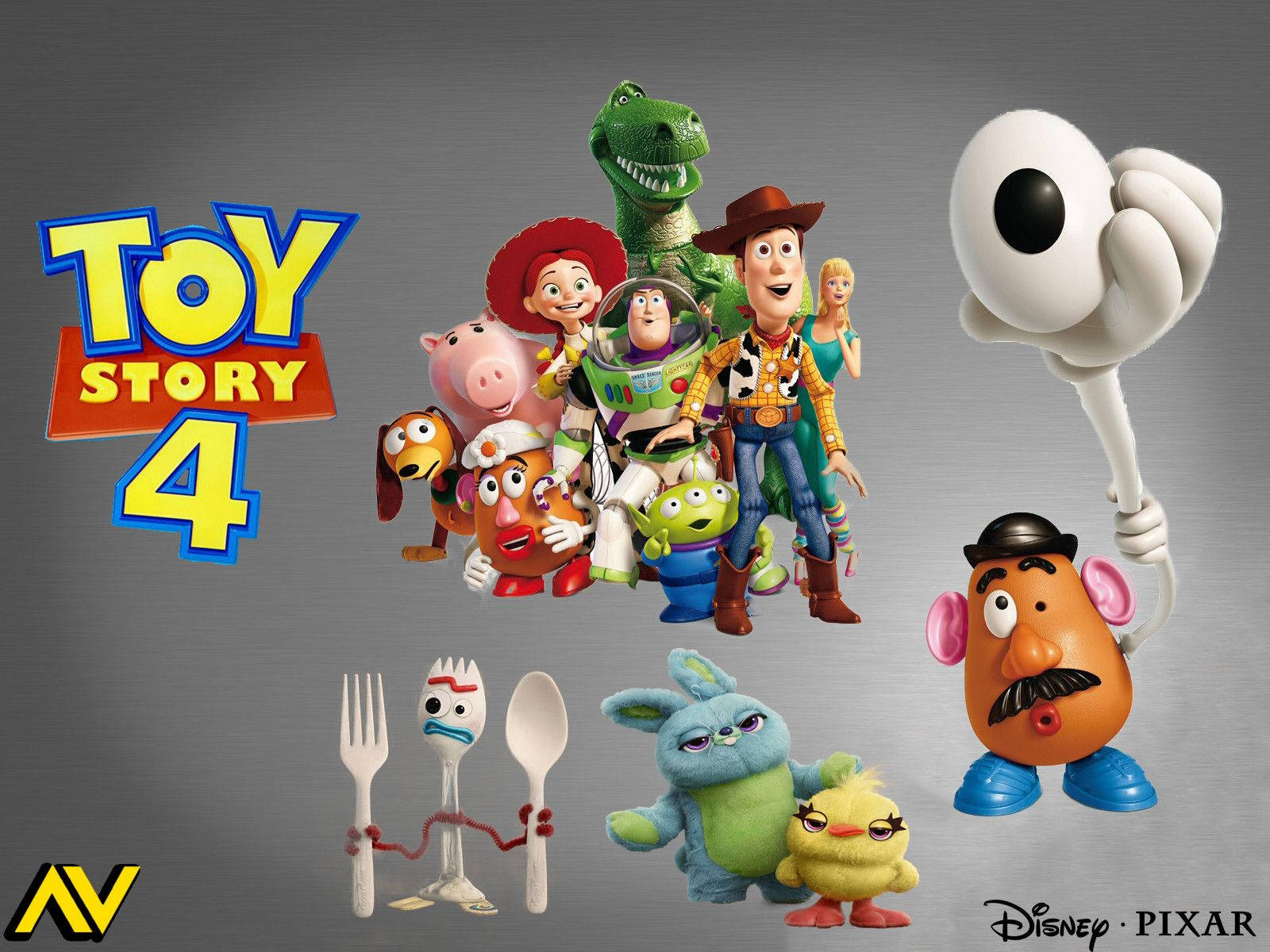 Toy Story 4 桌布 壁紙 — 《玩具總動員4》角色包括胡迪、巴斯光年和叉奇在灰色背景前一起擺姿勢。
