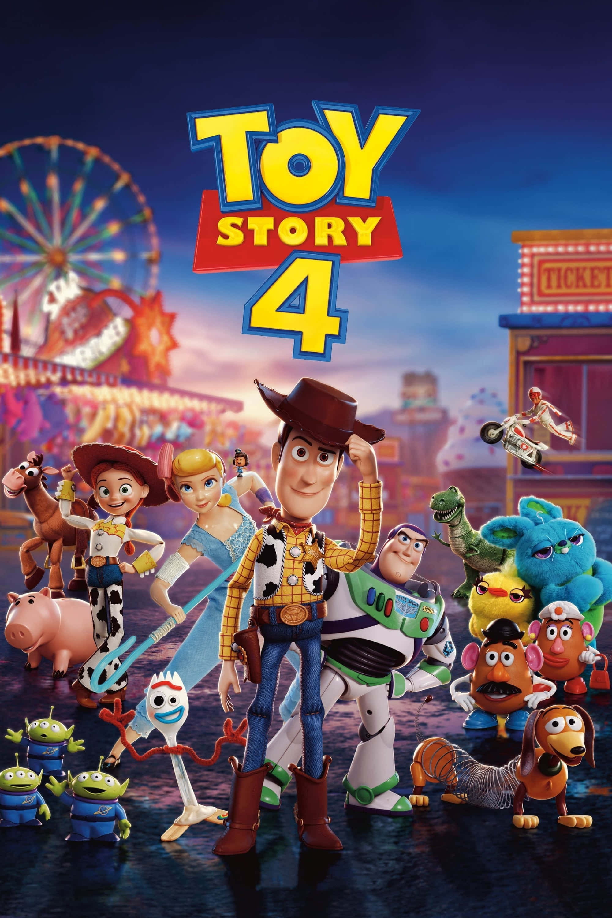 Toy Story 4 桌布 壁紙 — 《玩具總動員4》角色在暮色天空下的繽紛嘉年華聚集，有個發光的摩天輪。