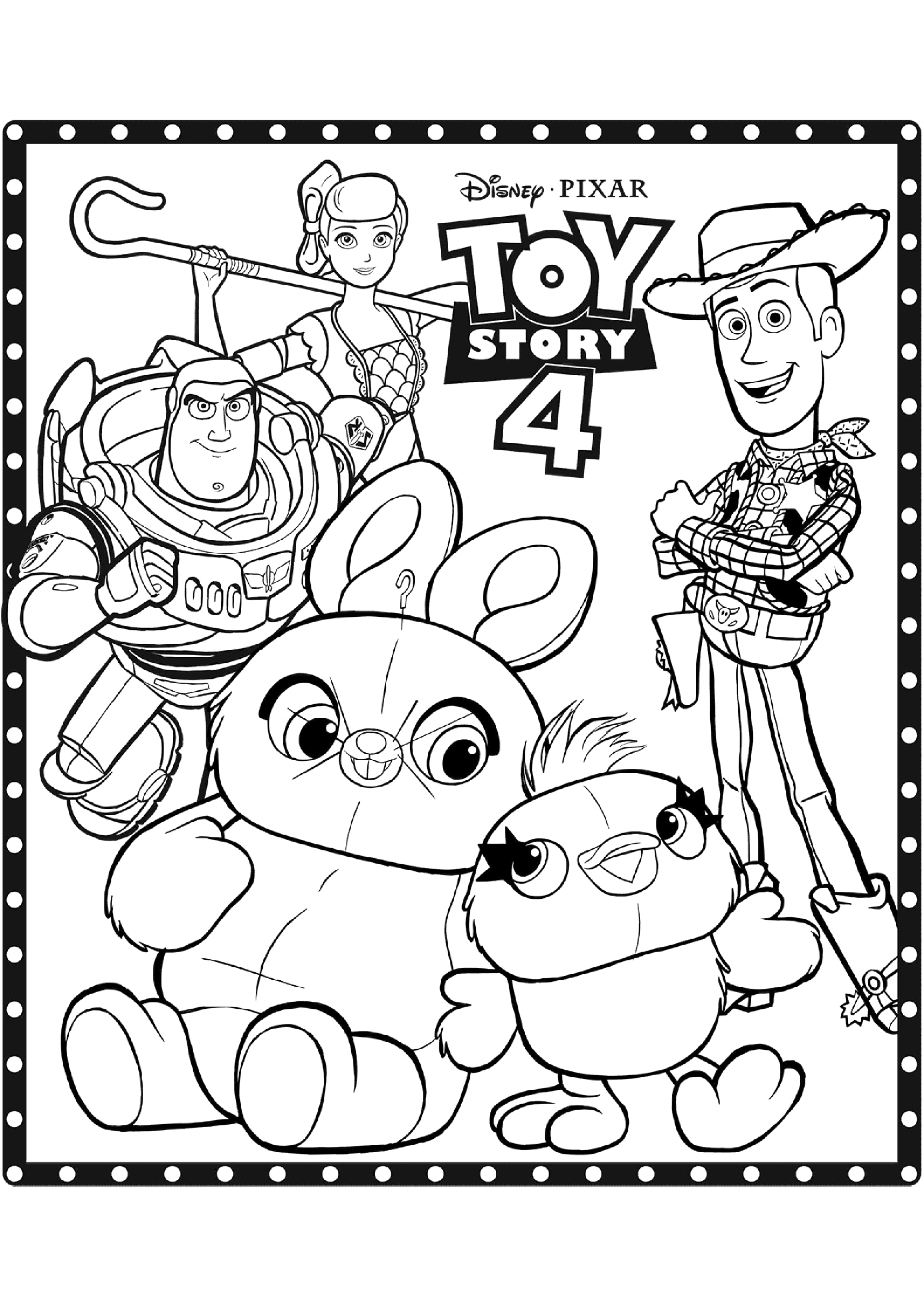 Toy Story 4 桌布 壁紙 — 玩具總動員4角色（包括胡迪、巴斯光年、牧羊女寶貝和叉奇）的黑白線條藝術，採用帶框填色書風格。