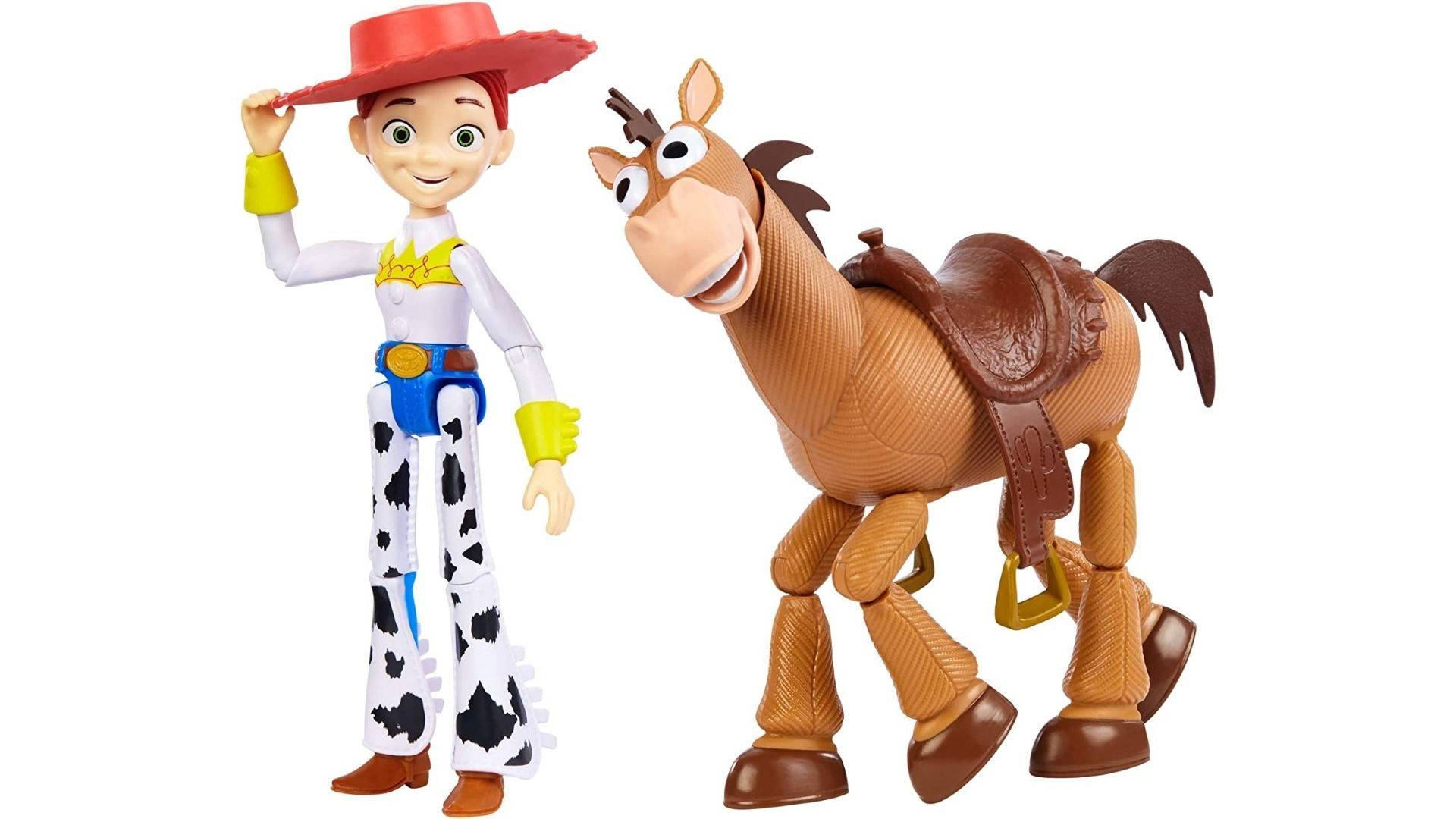 Bullseye 桌布 壁紙 — 玩具總動員的 Jessie 和 Bullseye 玩具並排站在純白色背景前。