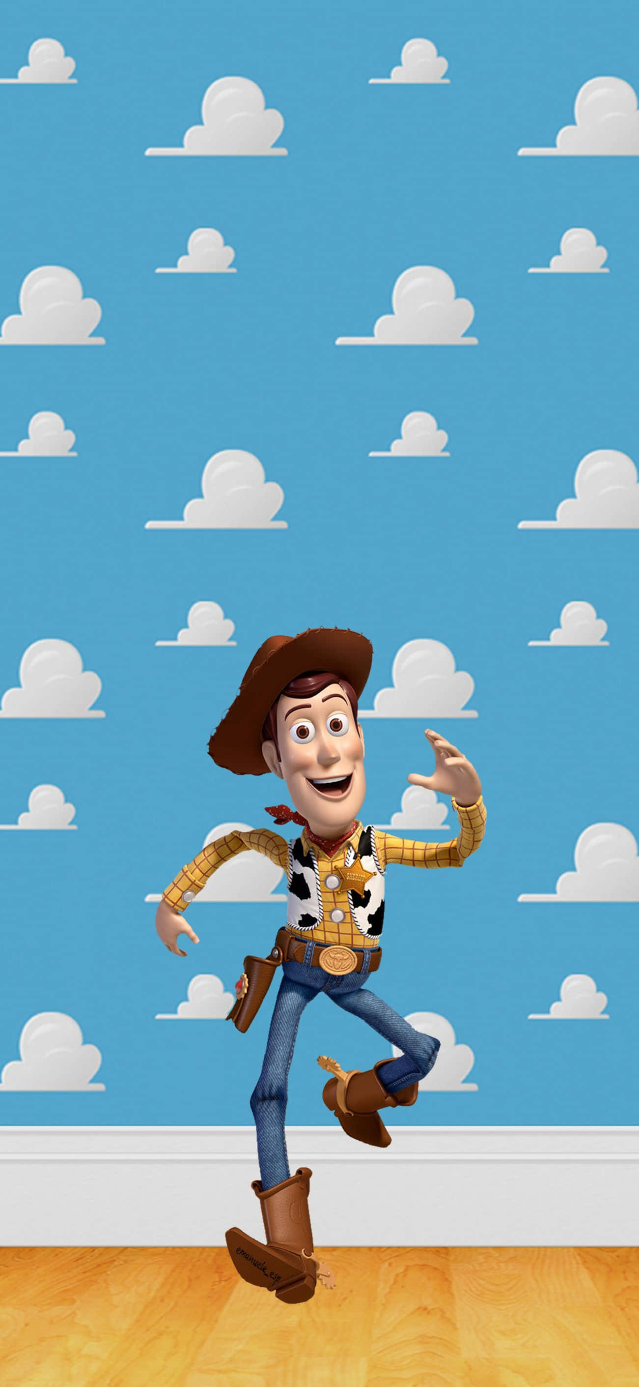 Toy Story Cloud 桌布 壁紙 — 玩具總動員的胡迪穿著牛仔裝備，在藍天白雲桌布上歡快地跳躍。