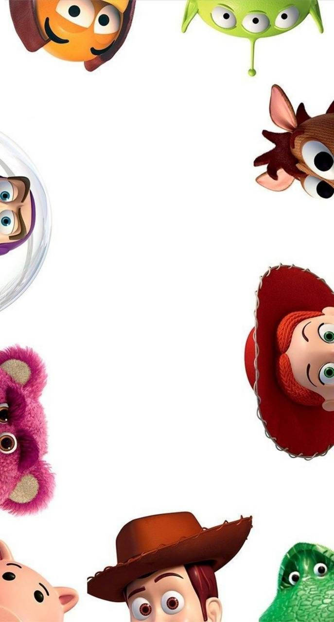 Toy Story 3 桌布 壁紙 — 玩具總動員角色從邊緣窺視，以純白背景襯托，呈現俏皮散落的佈局。